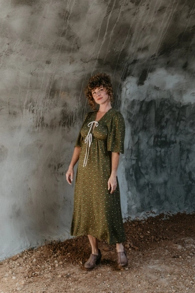 Tyrah Dress in Green Floral Calico Crepe Comfortable and breathable Lawn Soft