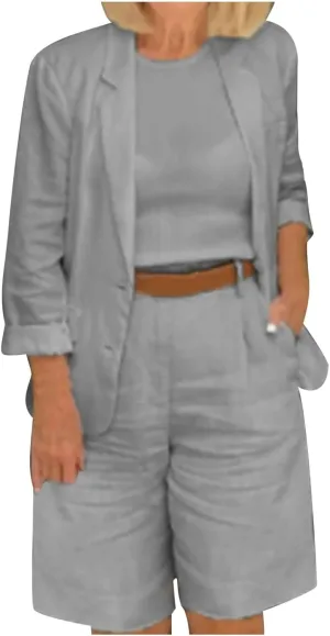 Business Casual Outfits for Women Plus Size 2 Piece Cotton Linen Blazer Sets Open Front Blazers & Suit Shorts