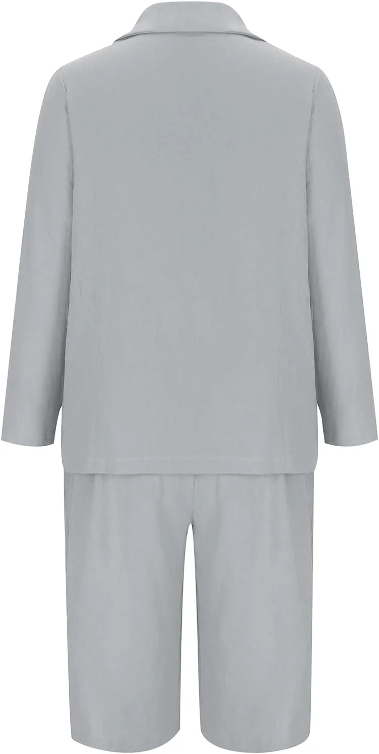 Business Casual Outfits for Women Plus Size 2 Piece Cotton Linen Blazer Sets Open Front Blazers & Suit Shorts