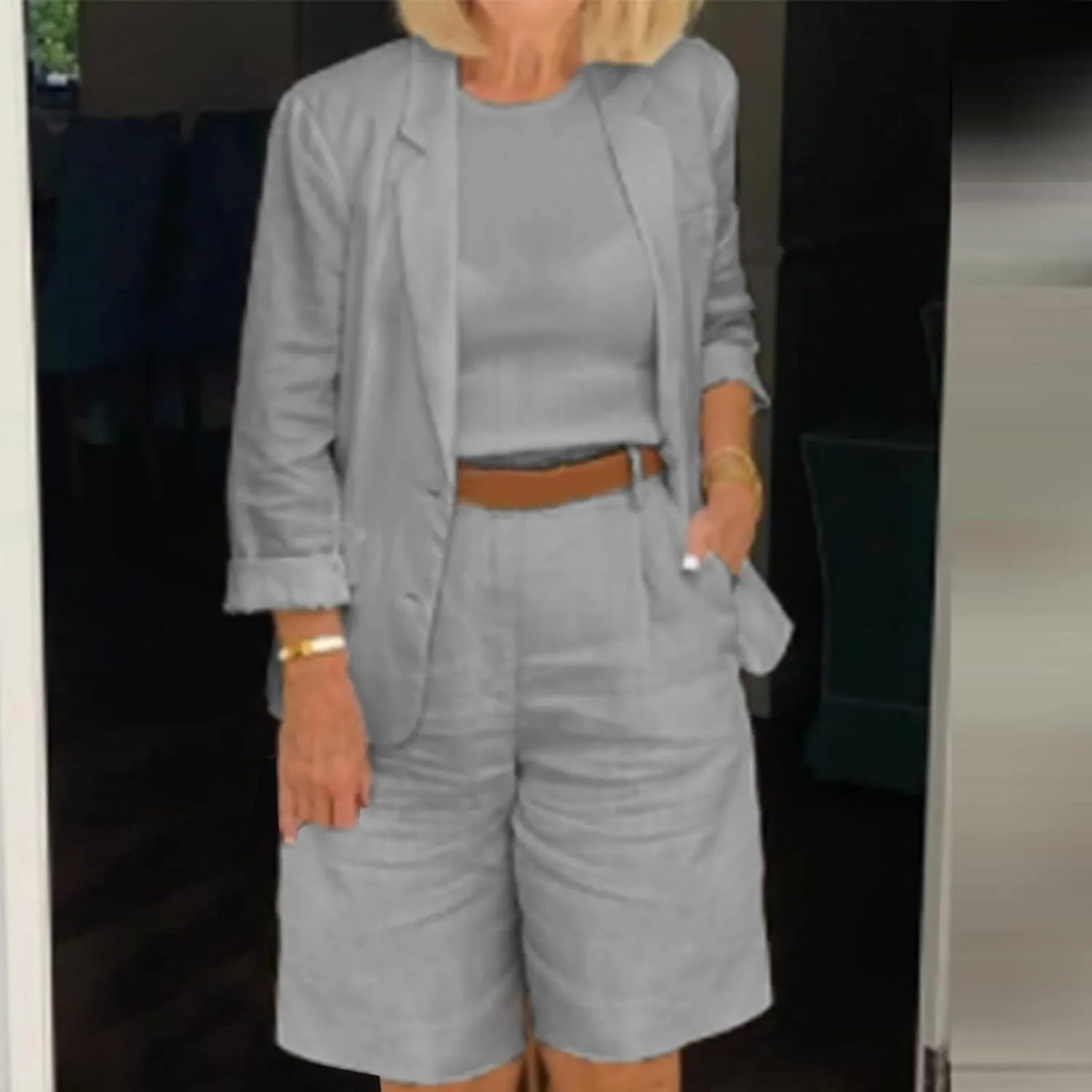 Business Casual Outfits for Women Plus Size 2 Piece Cotton Linen Blazer Sets Open Front Blazers & Suit Shorts