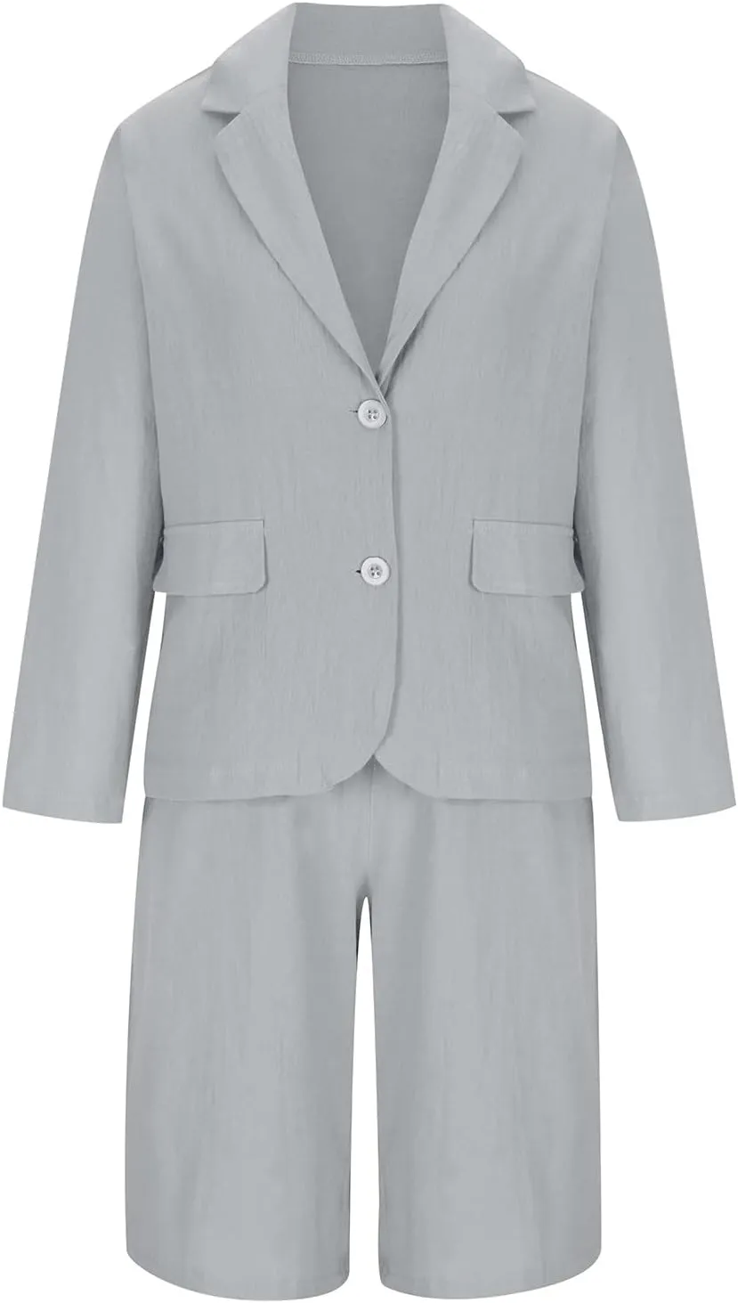 Business Casual Outfits for Women Plus Size 2 Piece Cotton Linen Blazer Sets Open Front Blazers & Suit Shorts