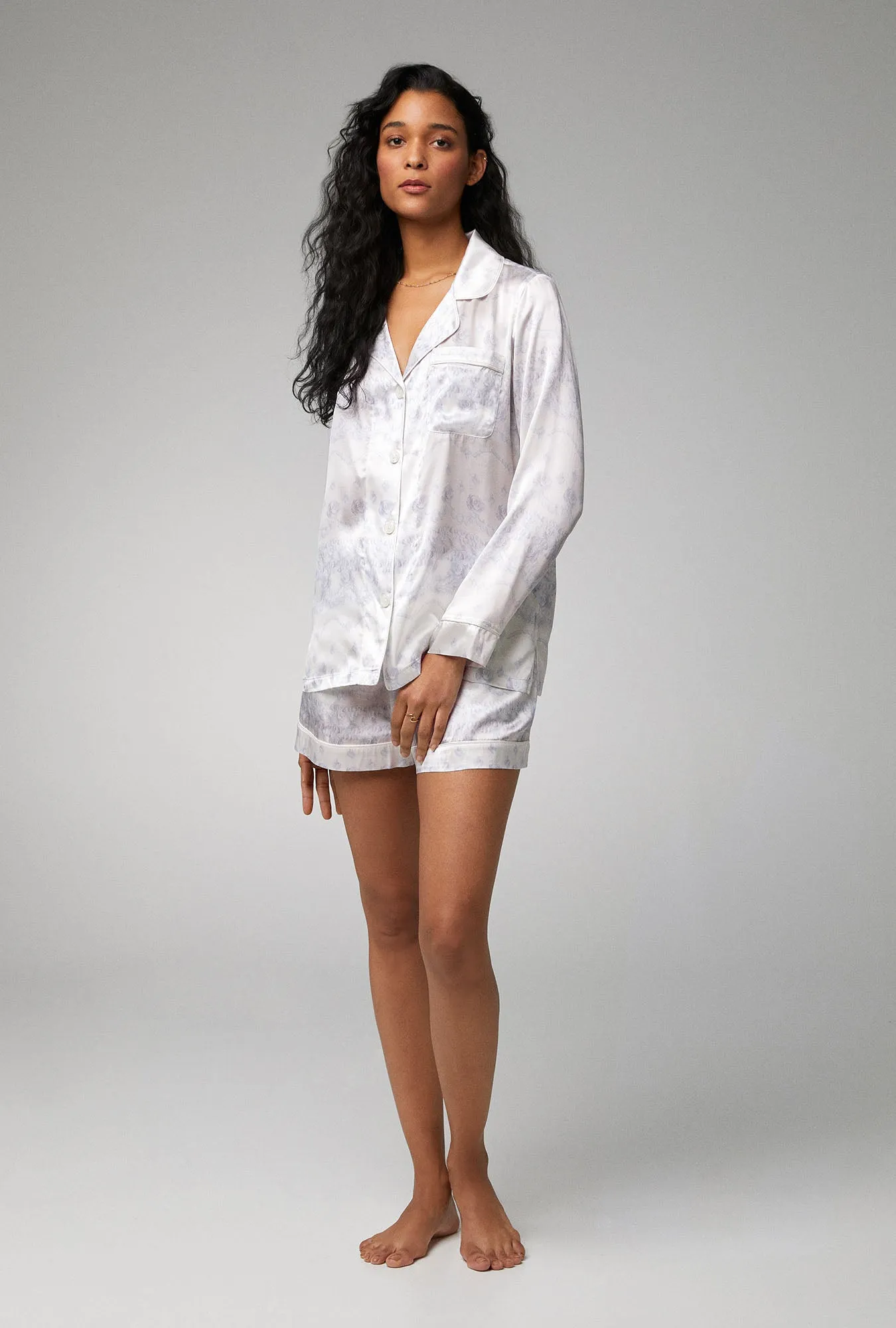 Buttercream Long Sleeve Classic Woven Silk Satin Shorty PJ Set
