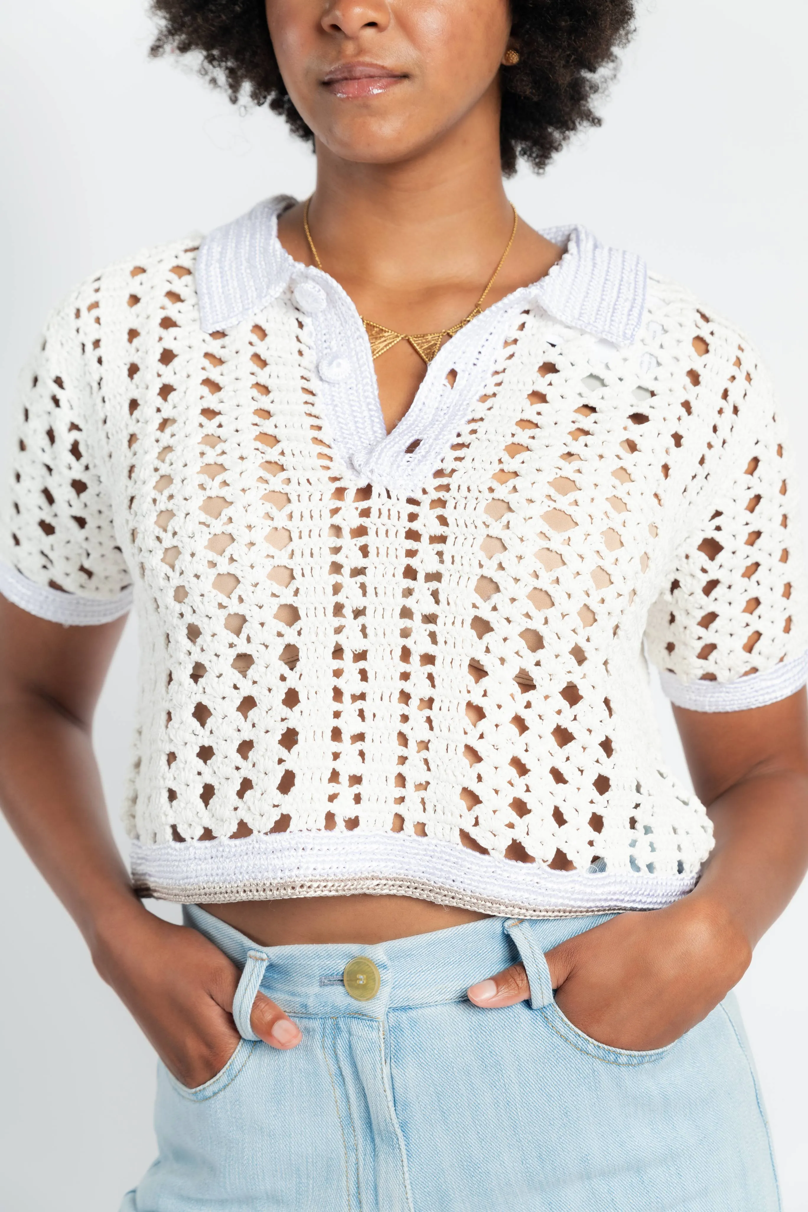 Trendy Shirt SeamlessSidePanels Cabl?? Lux Handmade Crochet Cropped Polo