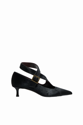 Retro design ButtonlessClosure Calfhair Sloan Pump in Black