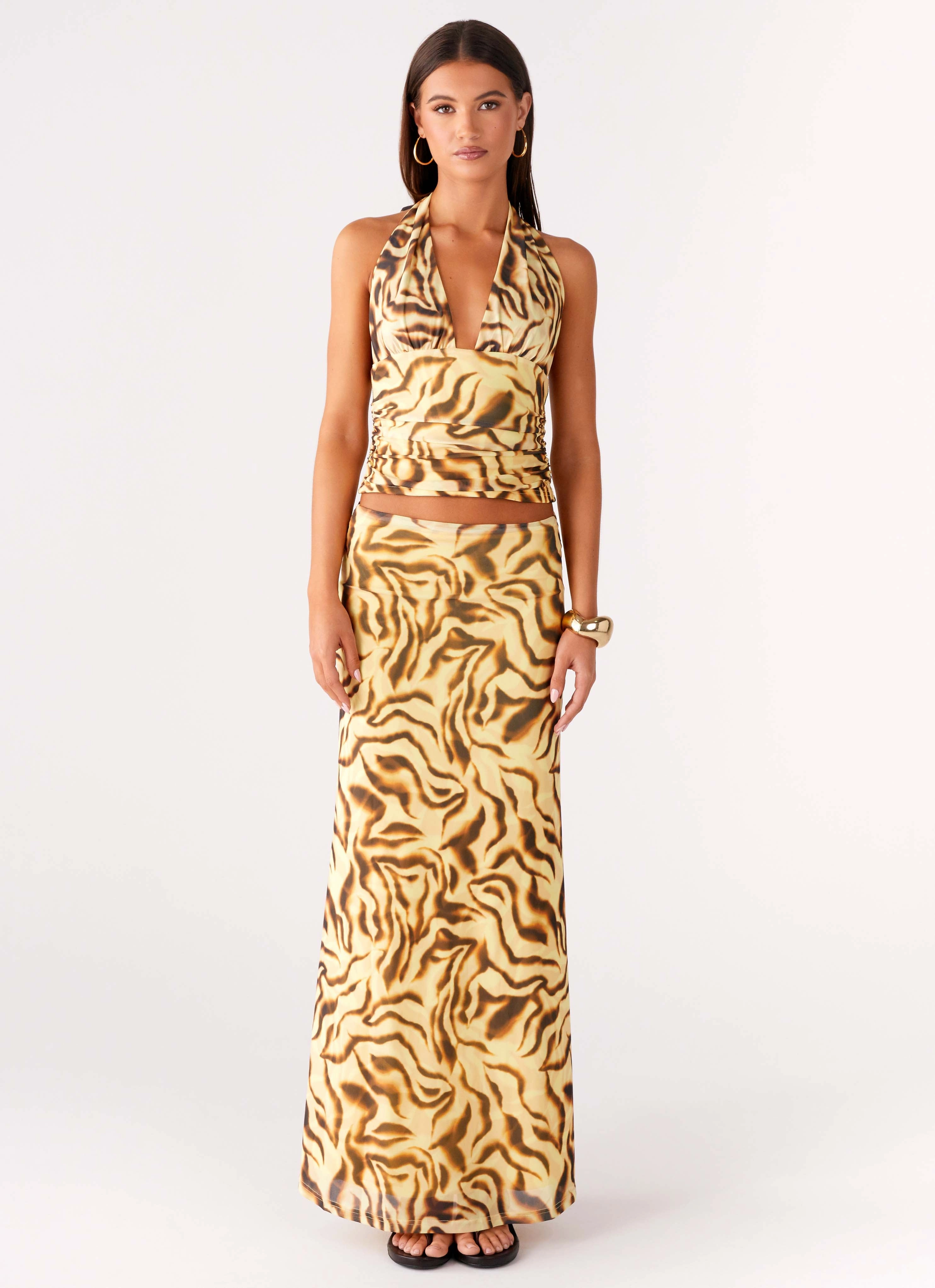 Soft Aesthetic Wrinkle Resistant Finish Call Me Low Rise Maxi Skirt - Yellow Zebra