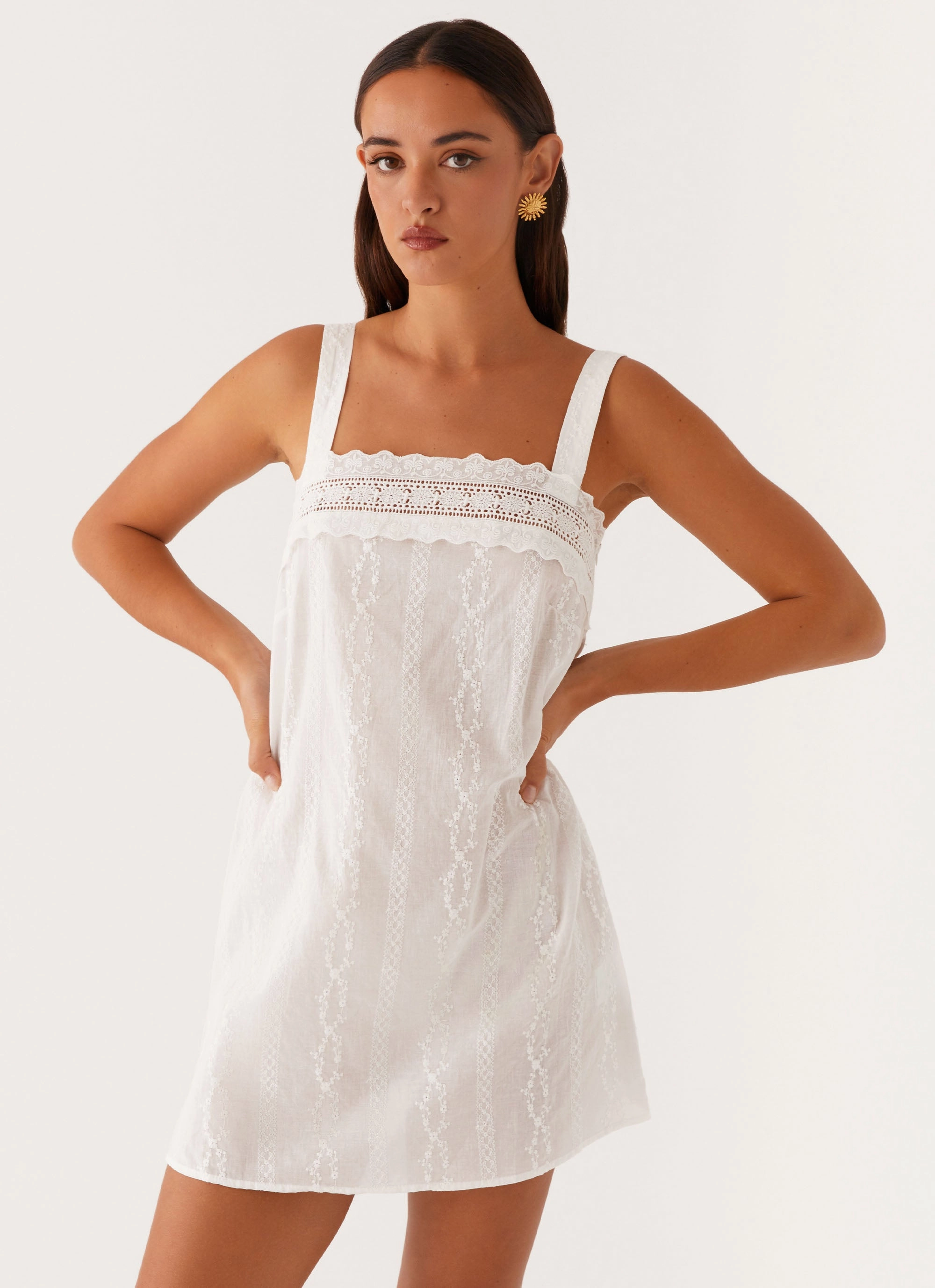 Calla Broderie Mini Dress - White Mix Texture Pull On Style