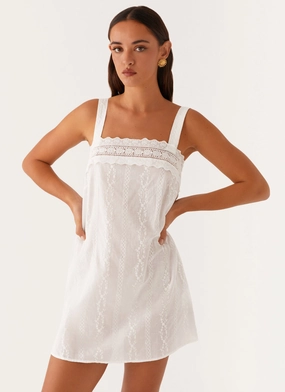 Calla Broderie Mini Dress - White Mix Texture Pull On Style