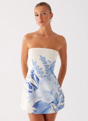 button detail Denby Strapless Mini Dress - Blue Floral Print