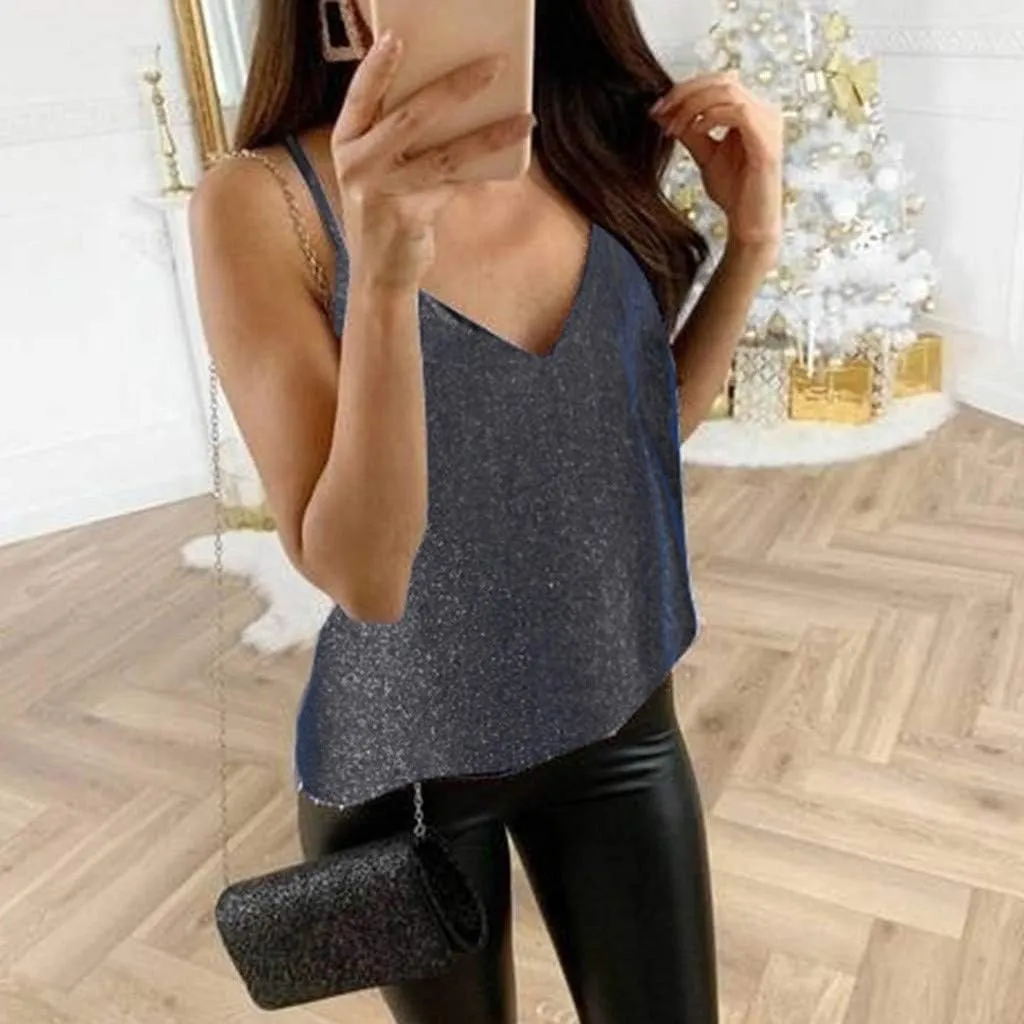Camisoles for Women Basic Camis V-Neck Sexy Sequin Undershirt Soild Color Spaghetti Strap Tank Top