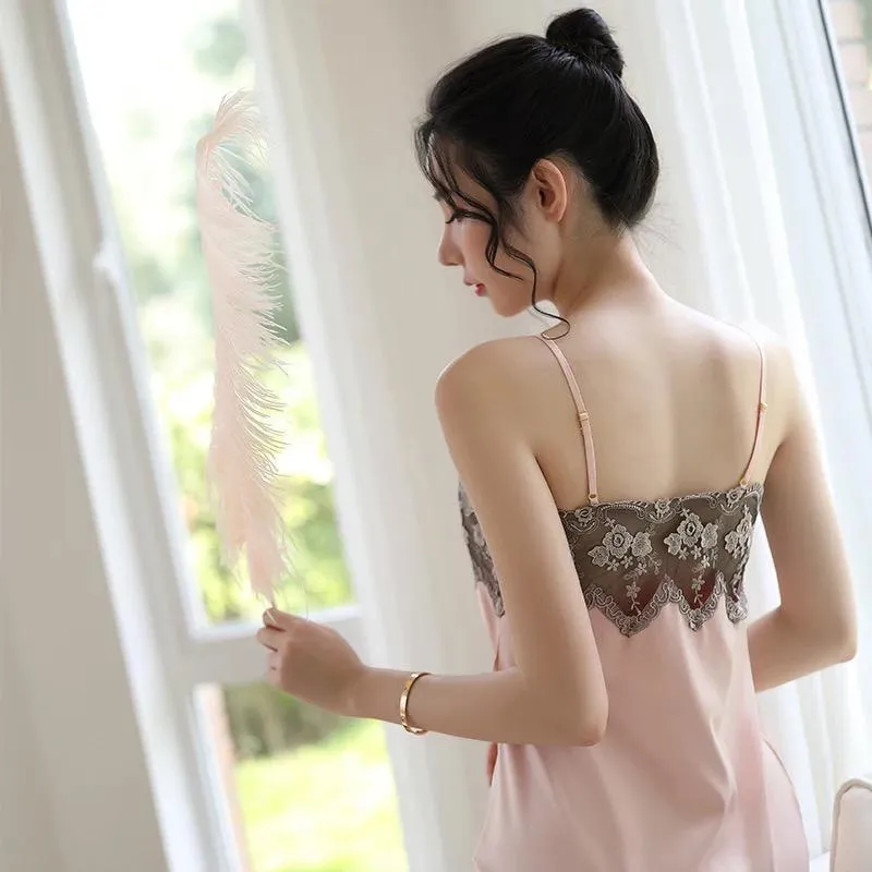 Camisoles Night Dress Silk Pajamas Lace Sleepwear - N2044