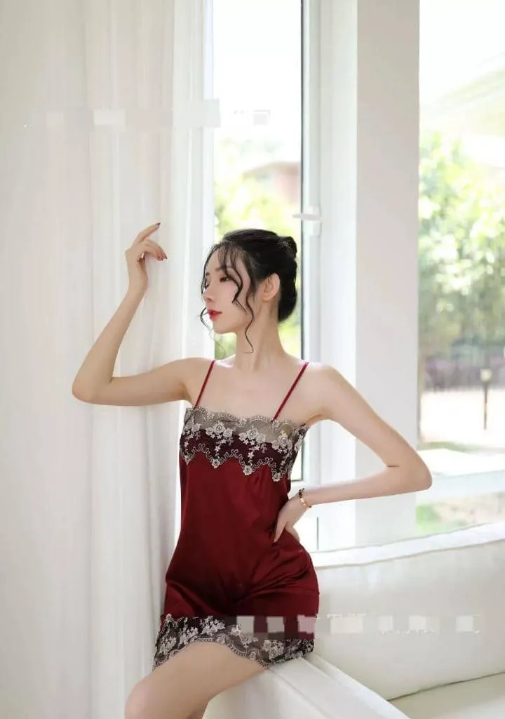 Camisoles Night Dress Silk Pajamas Lace Sleepwear - N2044