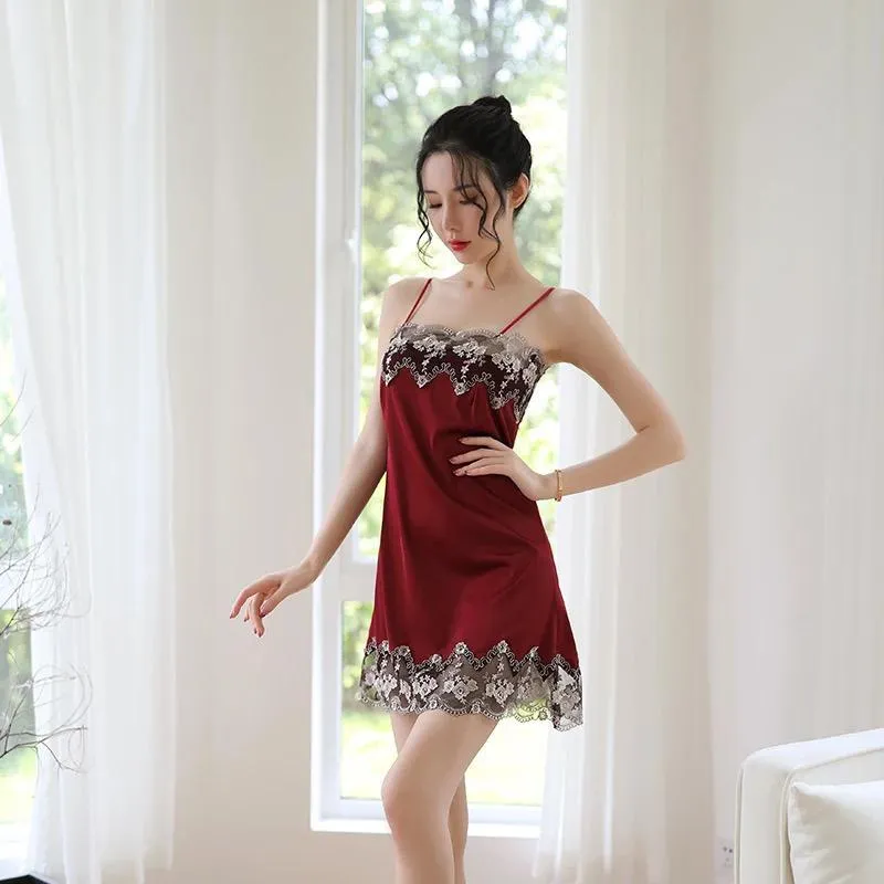 Camisoles Night Dress Silk Pajamas Lace Sleepwear - N2044