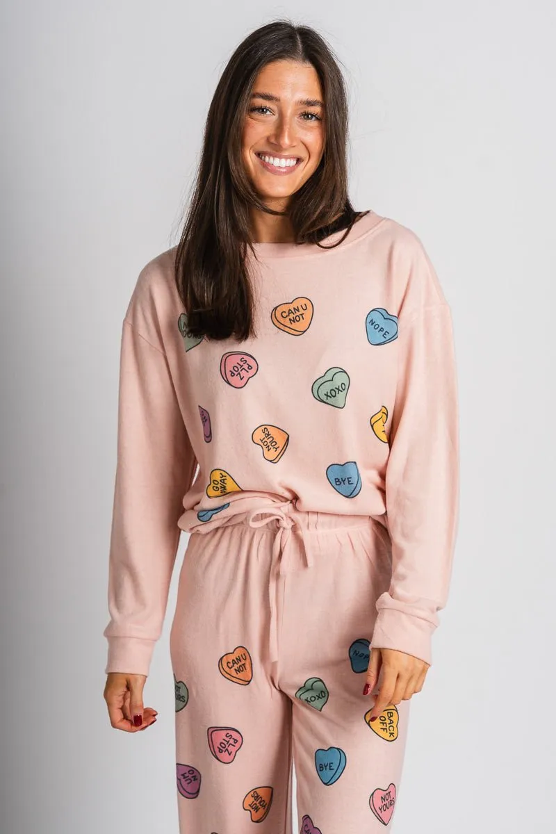 Candy heart pajama top pink