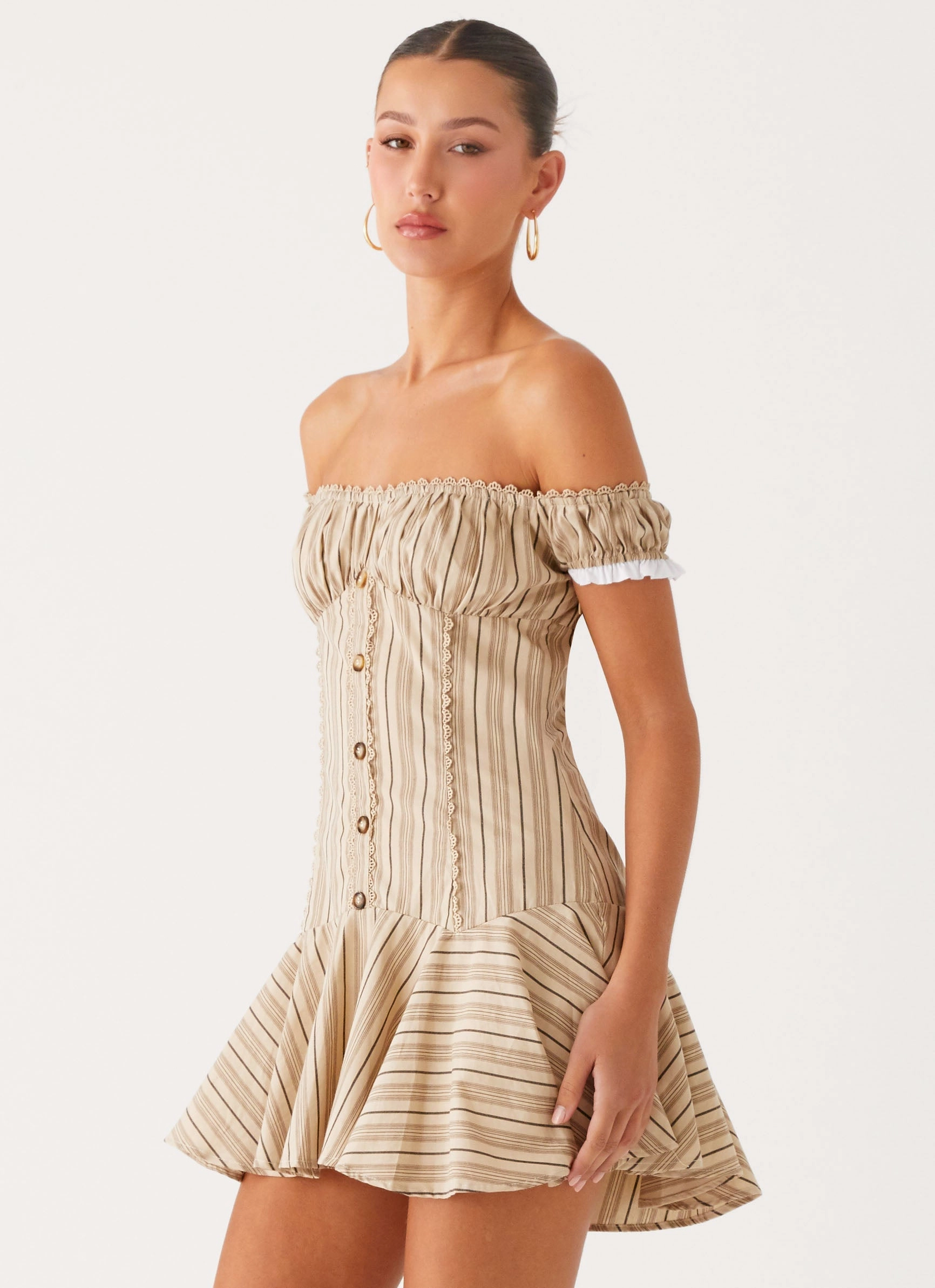 Flattering bodycon dress Jumana Off Shoulder Mini Dress - Off White Stripe