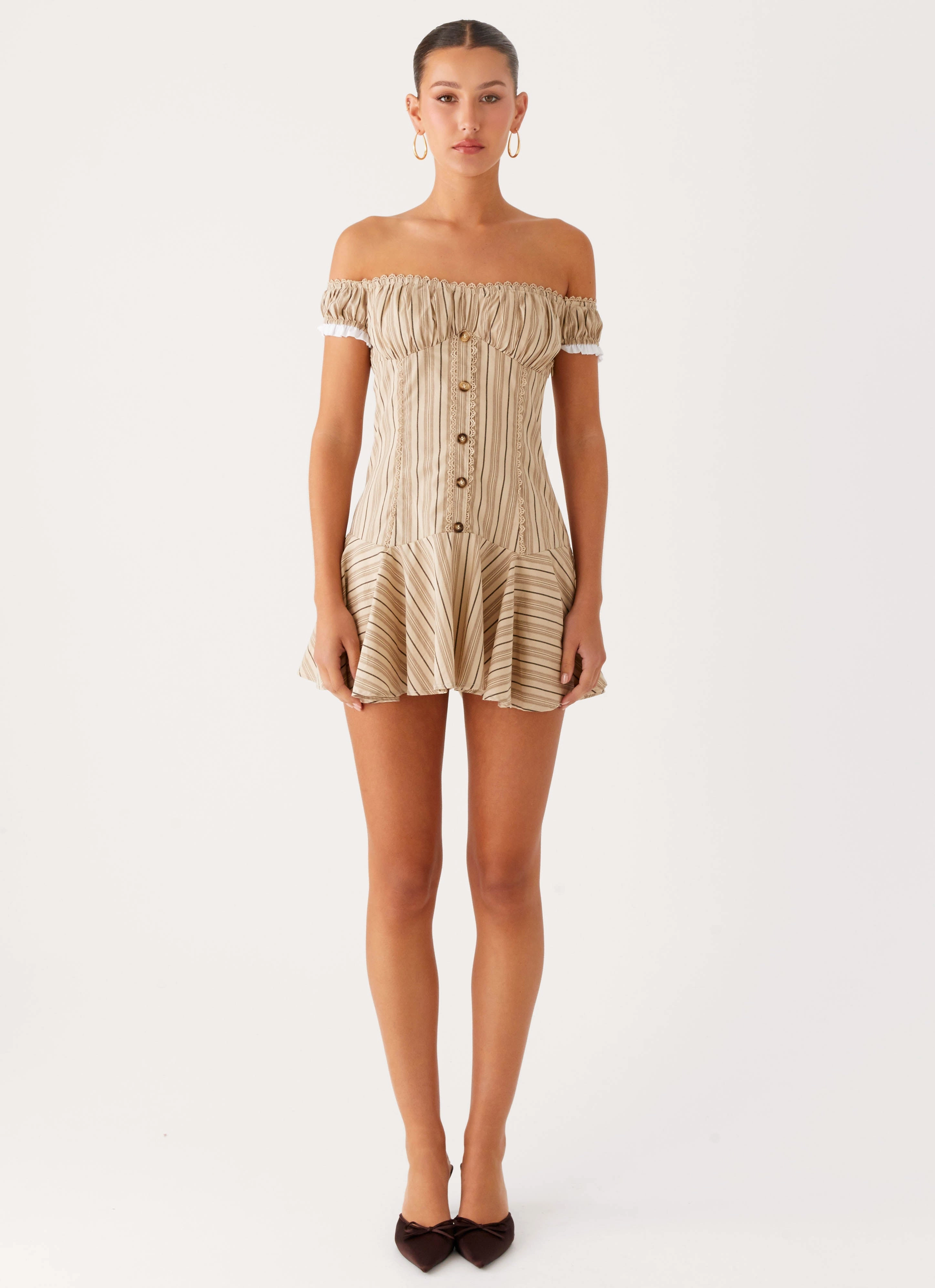 Jumana Off Shoulder Mini Dress - Off White Stripe Smart Glide Basic essential