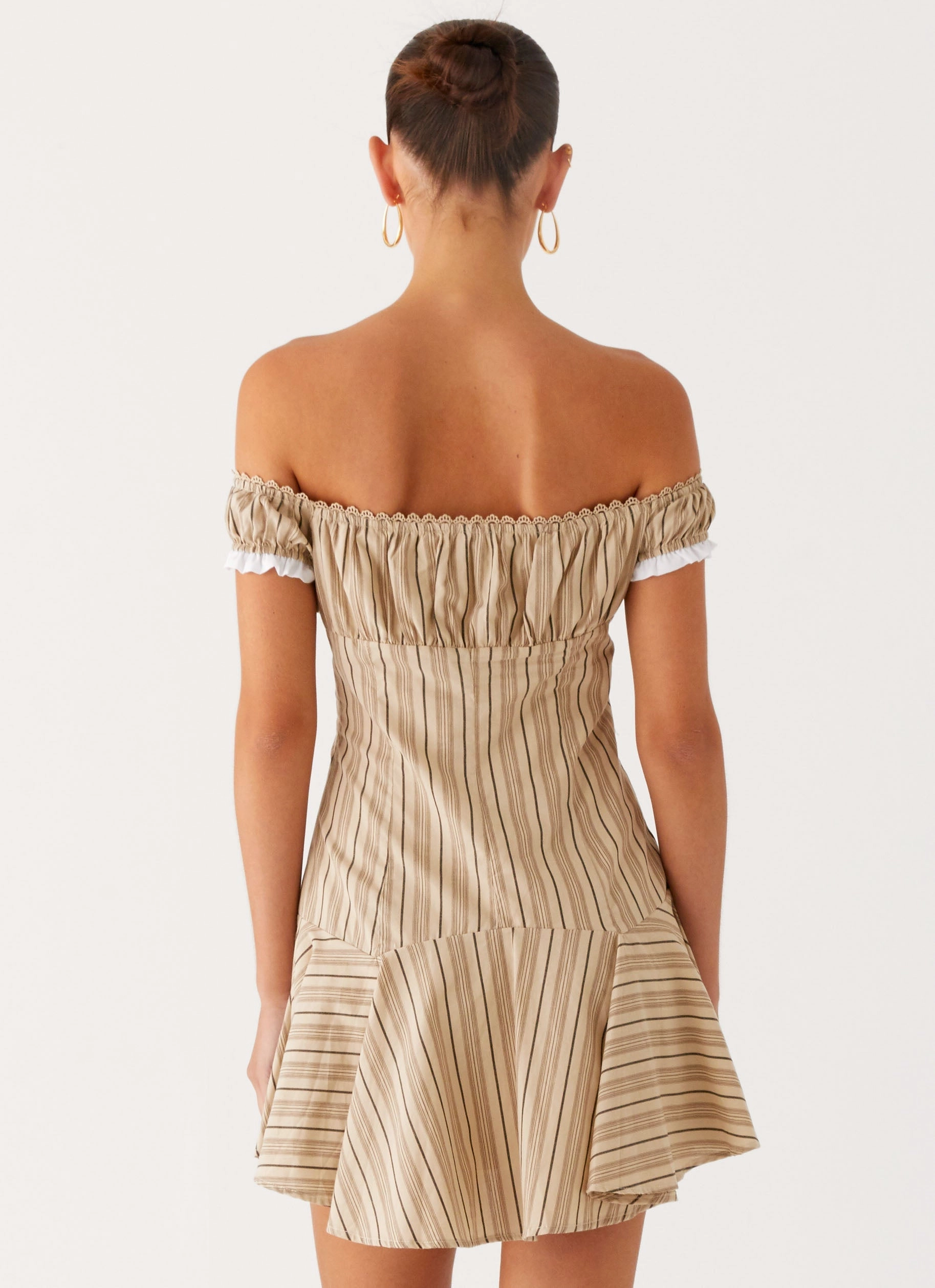 Jumana Off Shoulder Mini Dress - Off White Stripe Lux Look