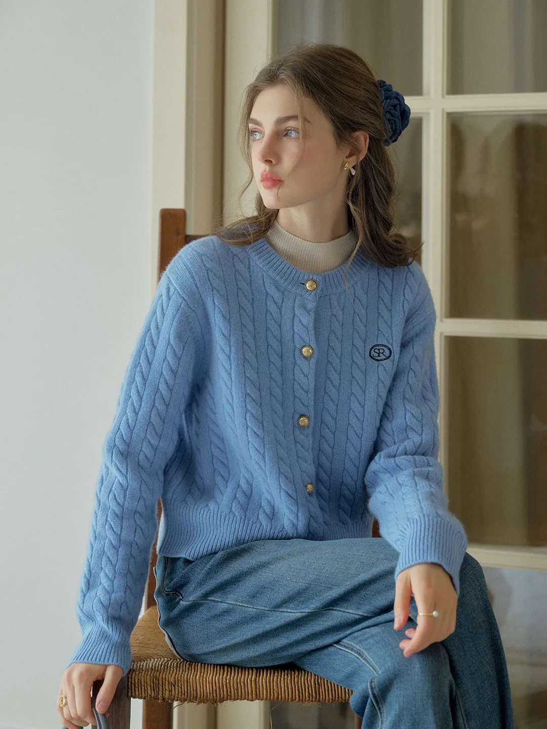 Carla SR Design Logo Round Neck Embroidered Knit  100% Wool Cardigan FrictionFreeNeckline Flexible Neckline