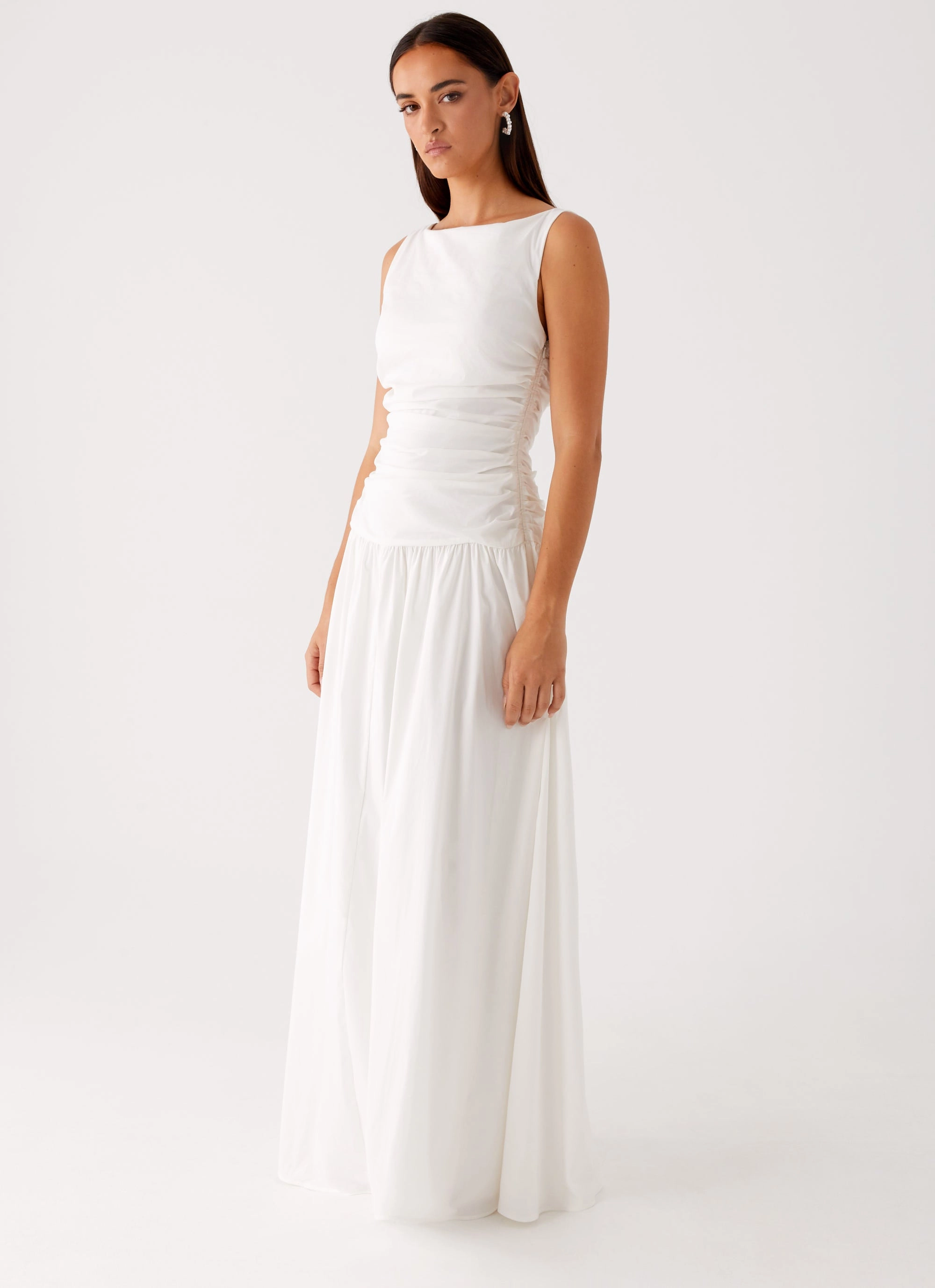 Carmel High Neck Maxi Dress - White SoftTouchTexture Evening Glow