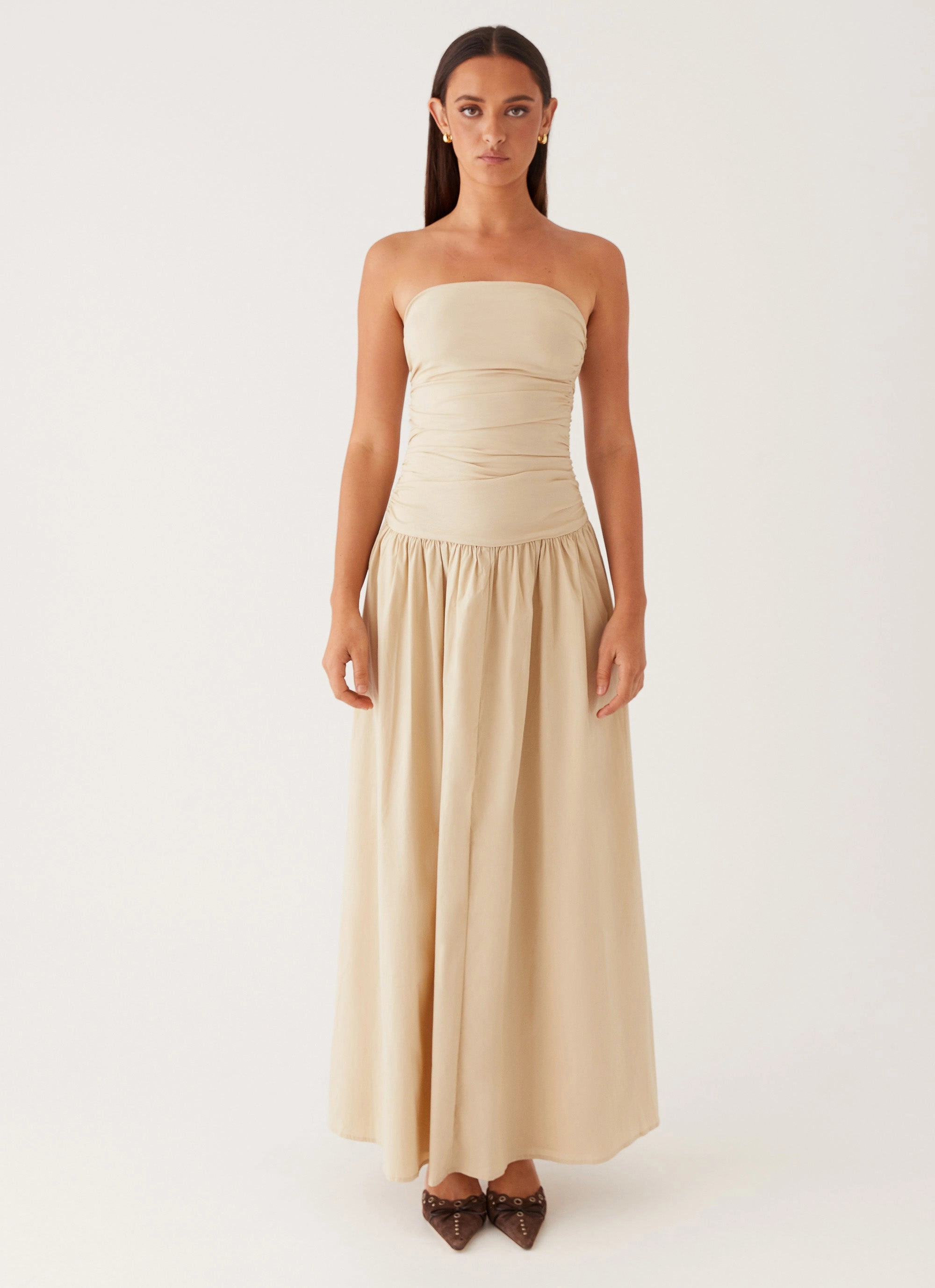 Pleat-Front Winter-Season Carmel Maxi Dress - Ivory