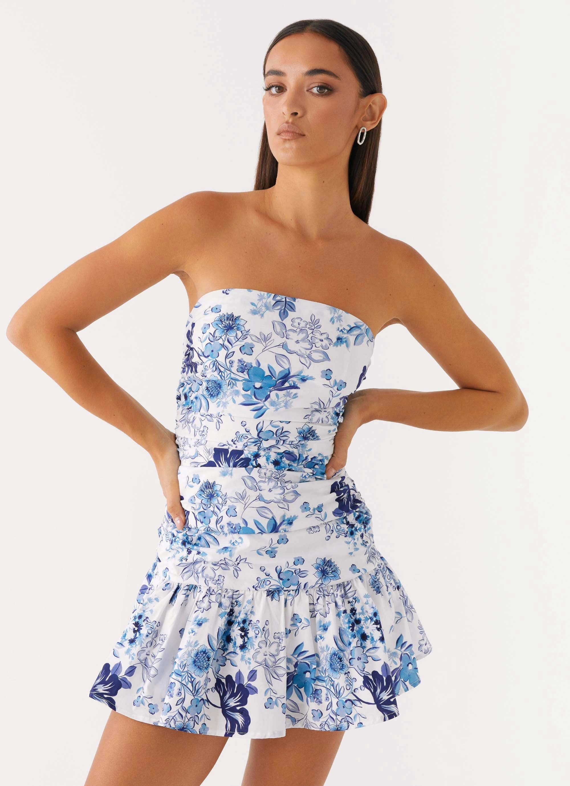 Carmel Mini Dress - Serene Sky Floral Neutral Tones