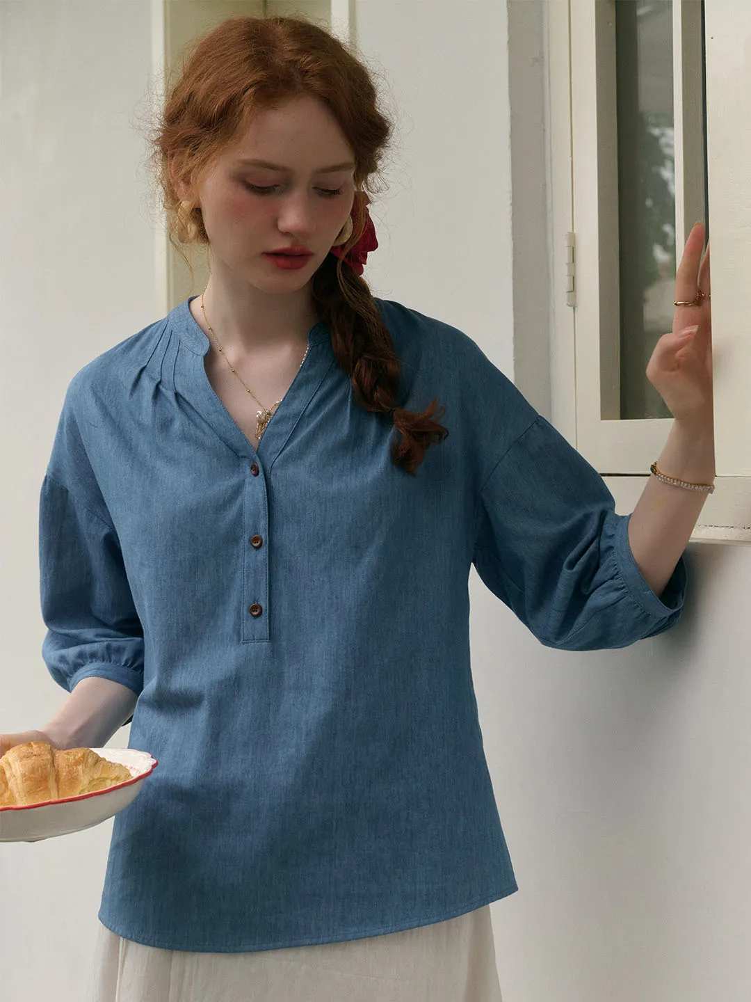 Formal Blouse Cool Weather Carolina Casual V-neck Button Front Three Quarter Sleeve Cotton Blouse
