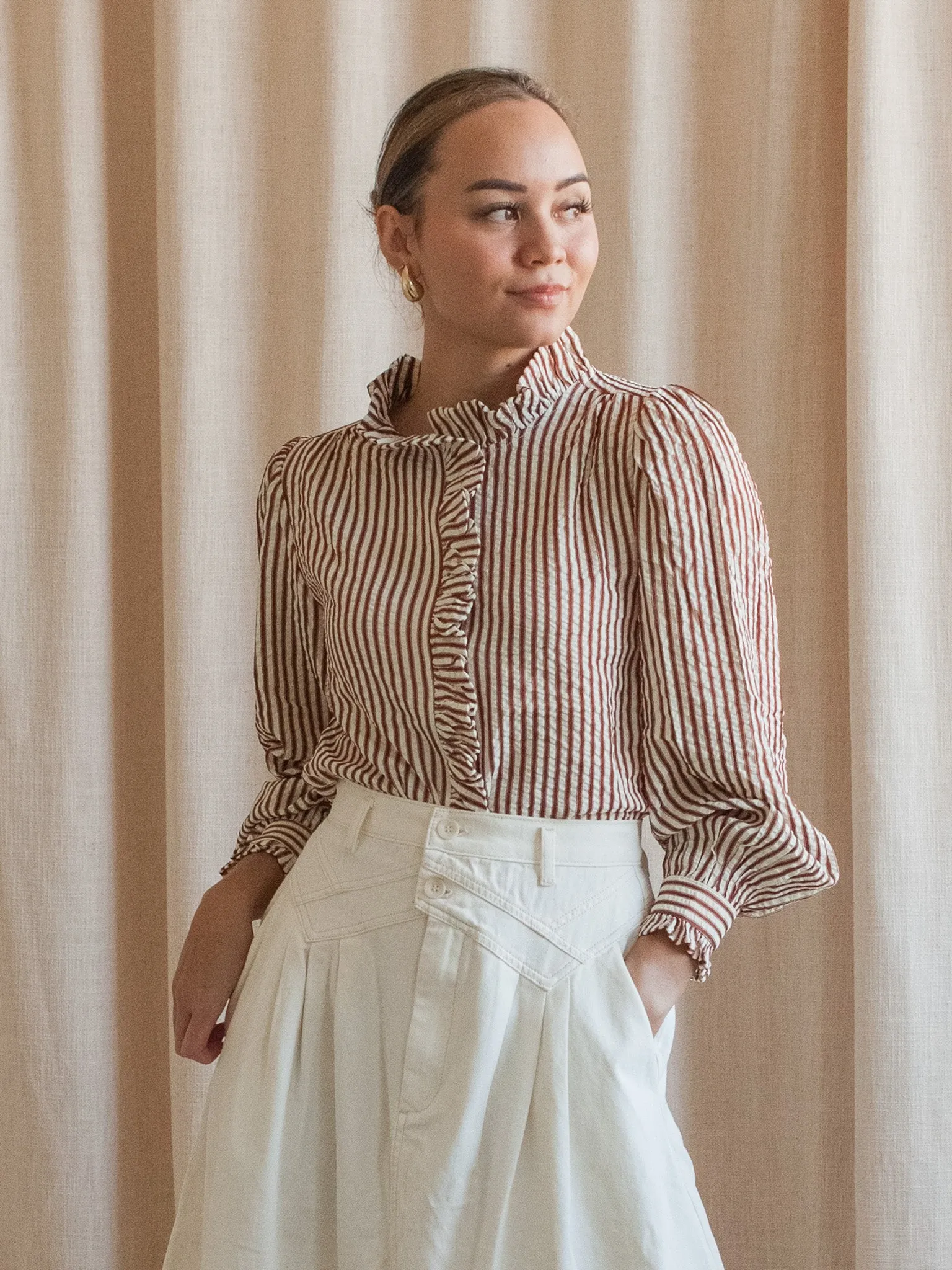 Caroline Stripe Blouse- Brown Contoured Side Panels