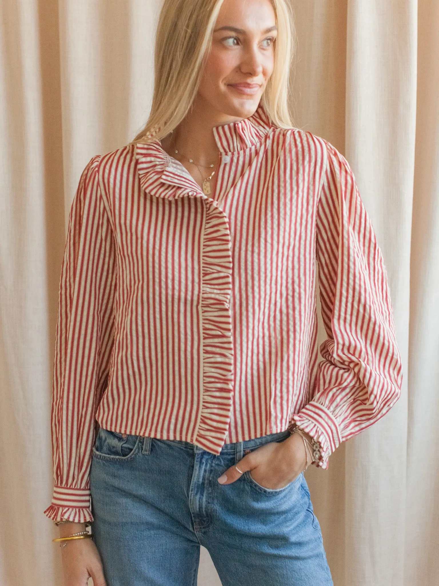 Bound Seam Edges 3D Spacer Fabric Caroline Stripe Blouse- Red
