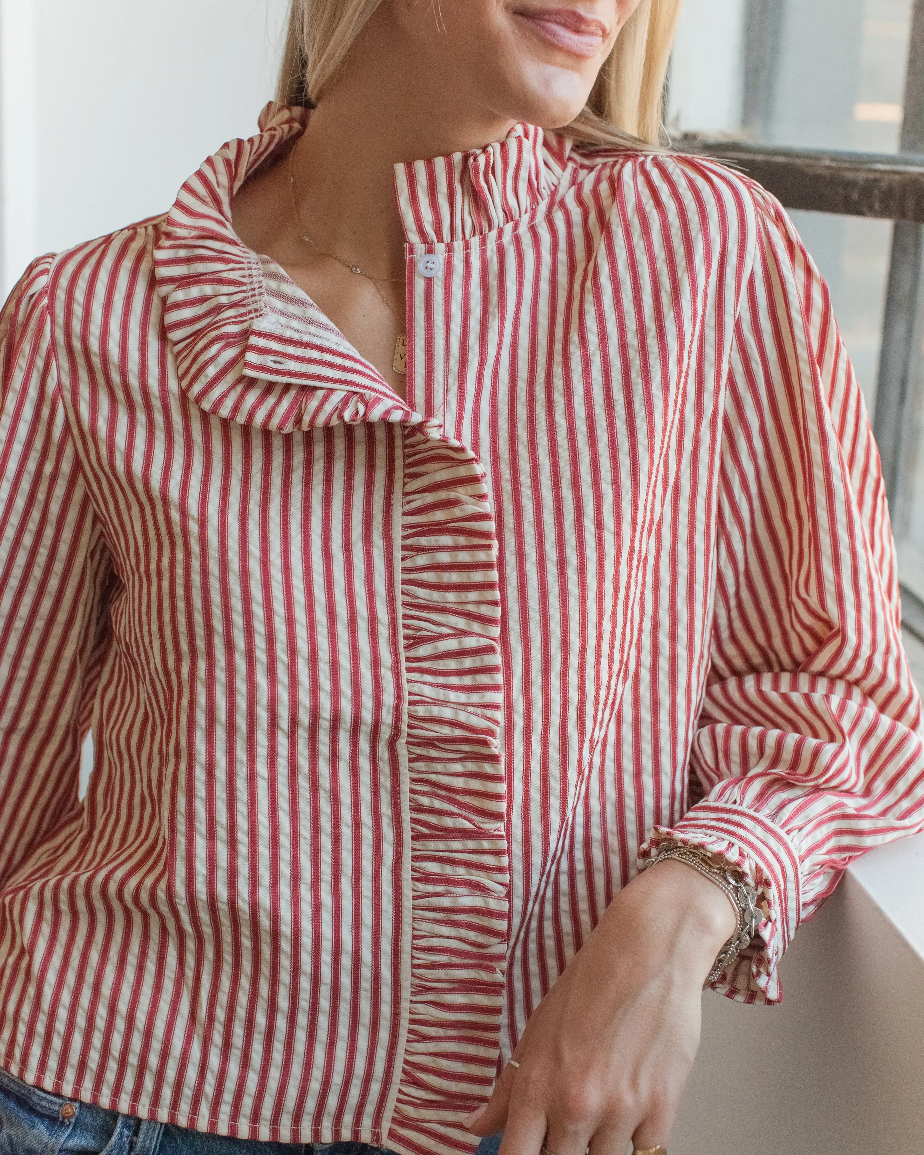 Caroline Stripe Blouse- Red ReflectiveTrimDetails Double Layered Hem