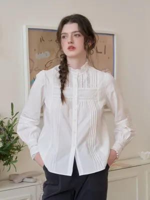 Multipanel Construction Basic Tee Carter Stand Collar Hollow Lyocell Cotton Blouse