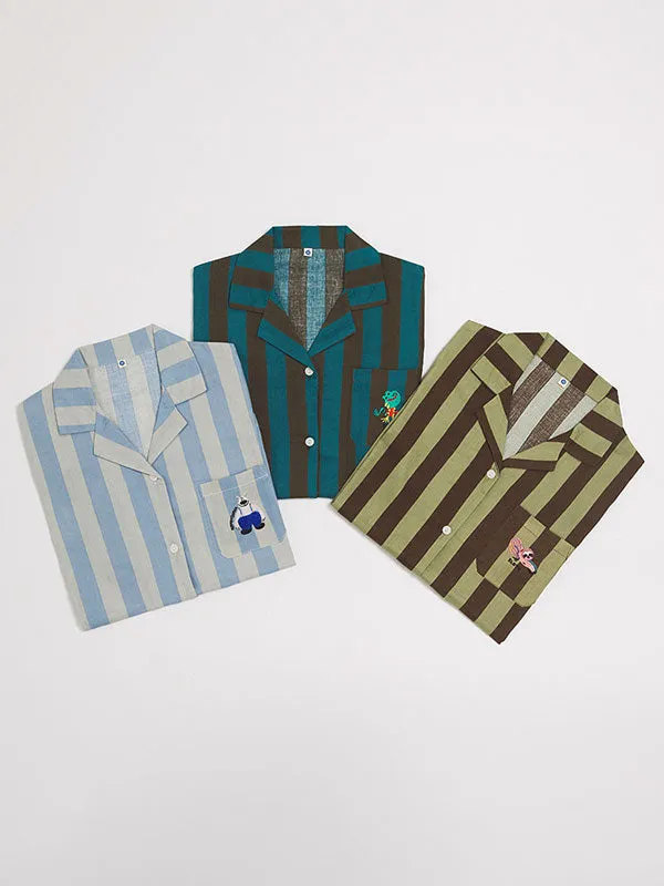 Cartoon Animal Embroidered Striped Pajamas