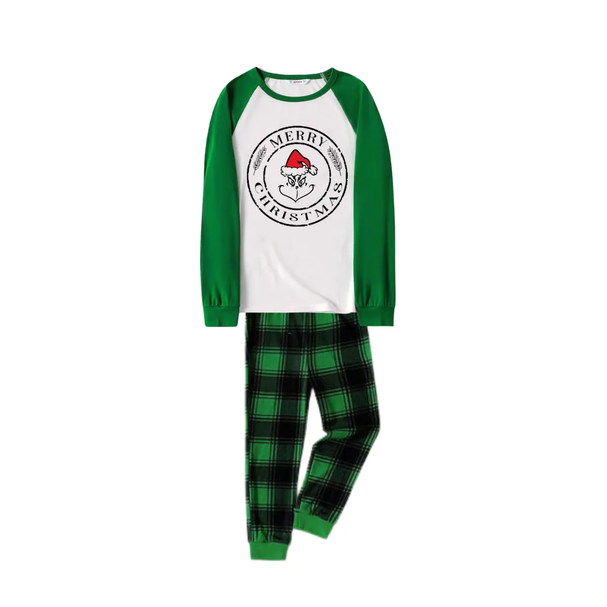 Cartoon Face and Merry Christmas Text Print Long Sleeve Top With Green & Black Plaid Family Matching Pajamas