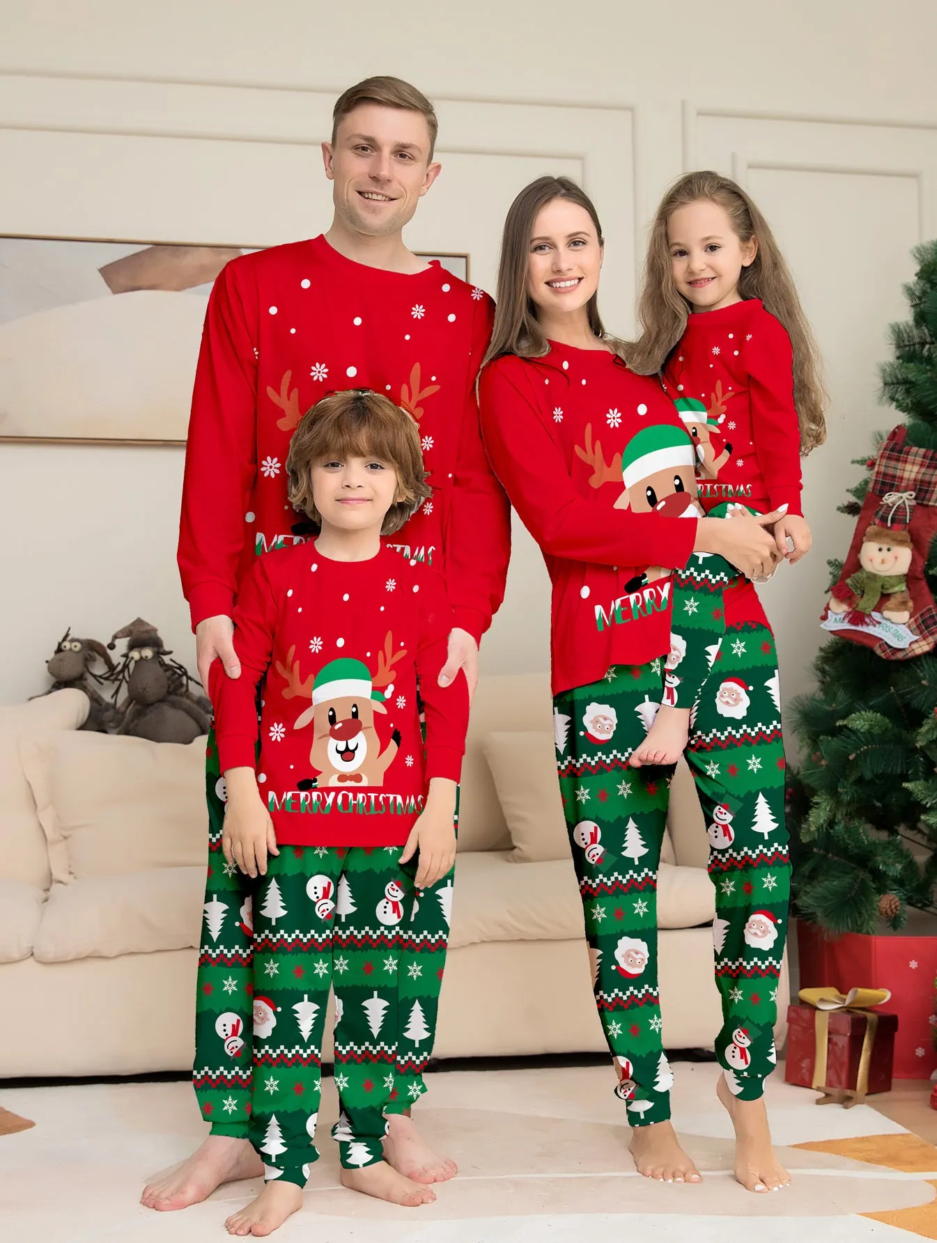 Cartoon Fawn Snowman Christmas Printed Parent-Child Pajama Set