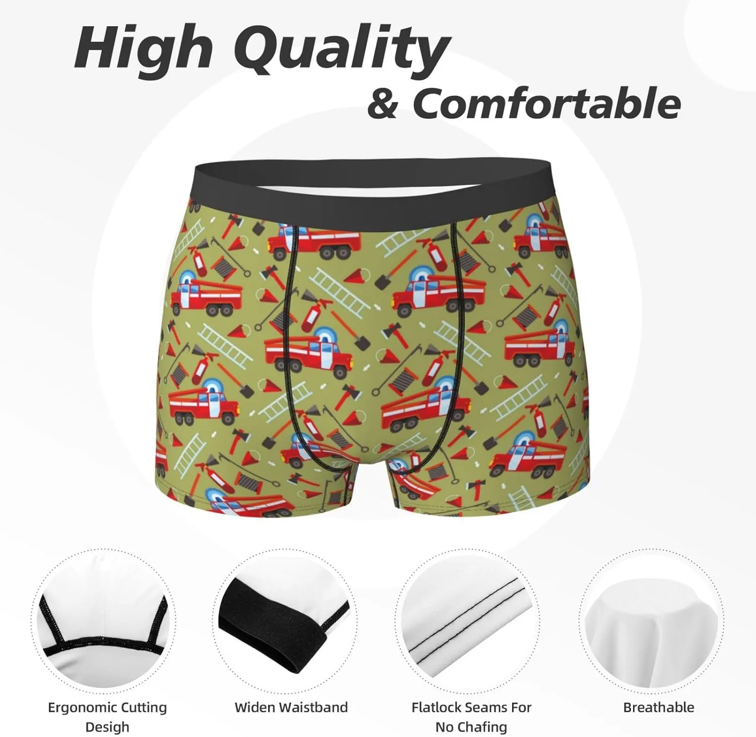 Cartoon Fire Truck Mens Underwear Boxer Briefs, Comfort Breathable Boxers For Men Regular