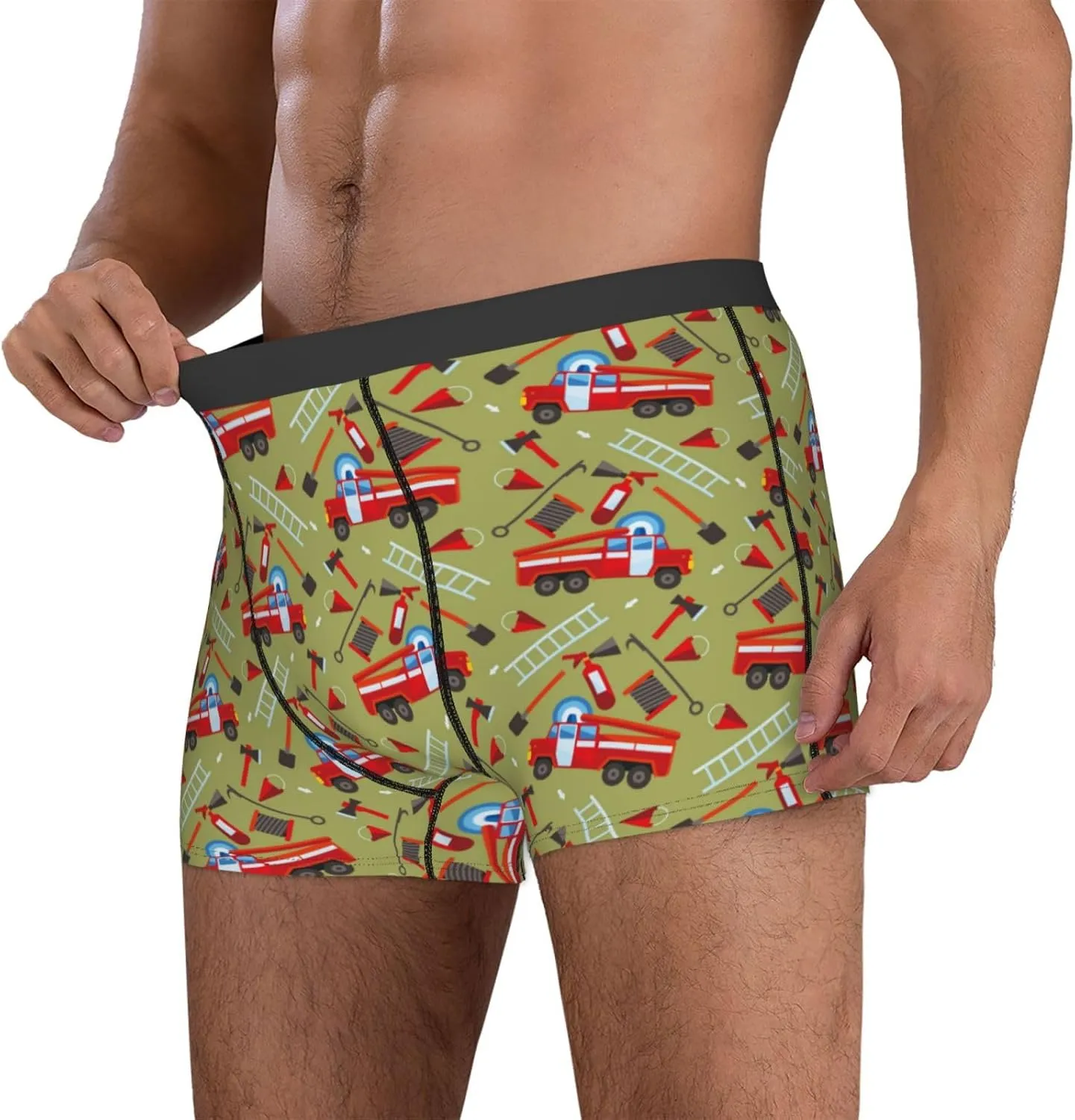 Cartoon Fire Truck Mens Underwear Boxer Briefs, Comfort Breathable Boxers For Men Regular