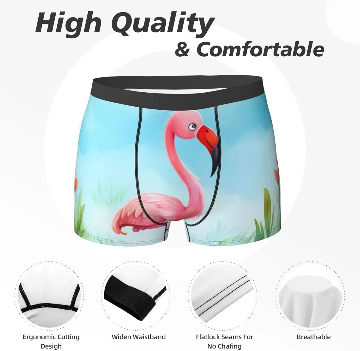 cartoon flamingo print Mens Underwear Boxer Briefs Breathable Soft Moisture Wicking with Fly Underwear for Men
