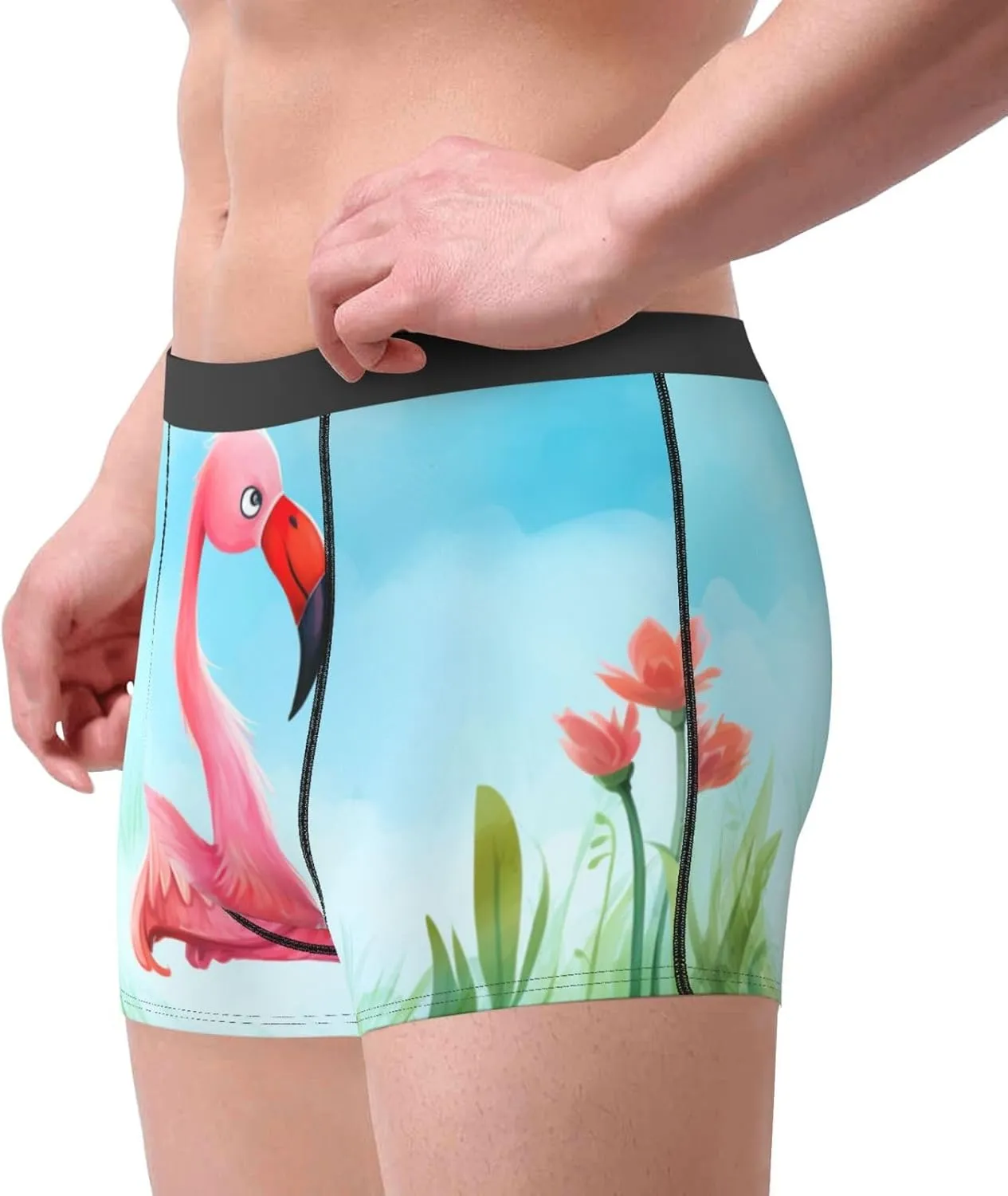 cartoon flamingo print Mens Underwear Boxer Briefs Breathable Soft Moisture Wicking with Fly Underwear for Men