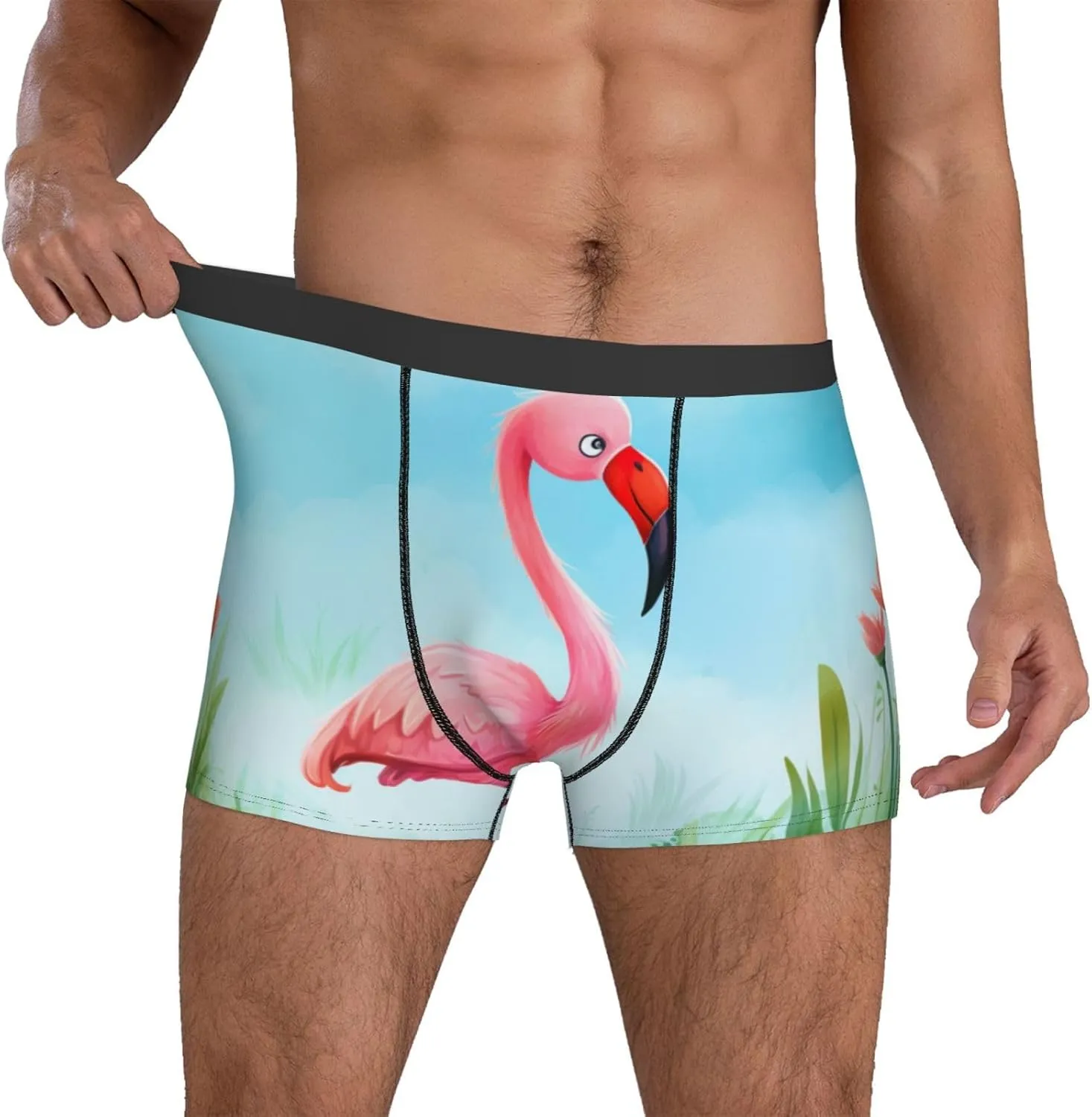cartoon flamingo print Mens Underwear Boxer Briefs Breathable Soft Moisture Wicking with Fly Underwear for Men