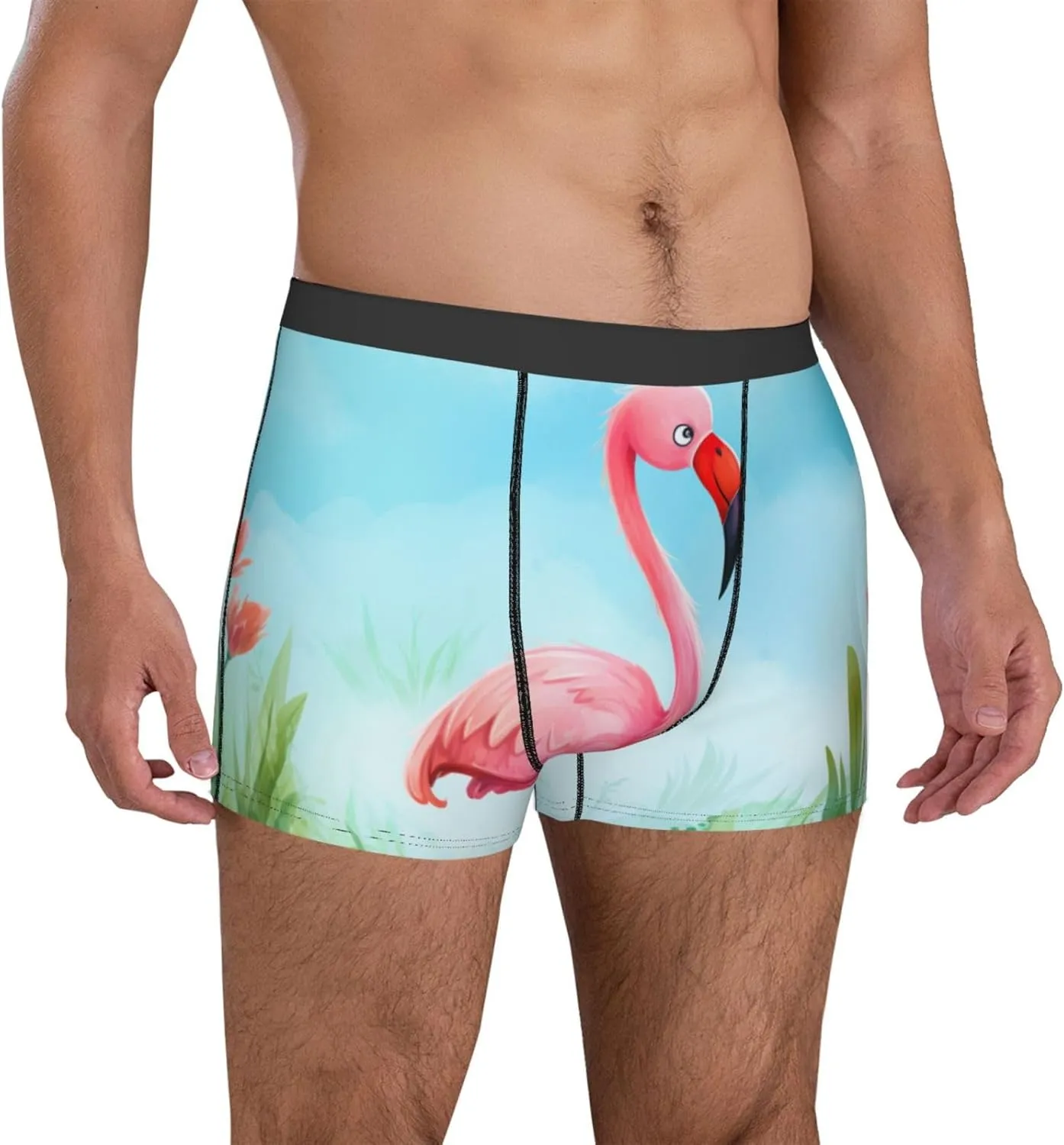 cartoon flamingo print Mens Underwear Boxer Briefs Breathable Soft Moisture Wicking with Fly Underwear for Men