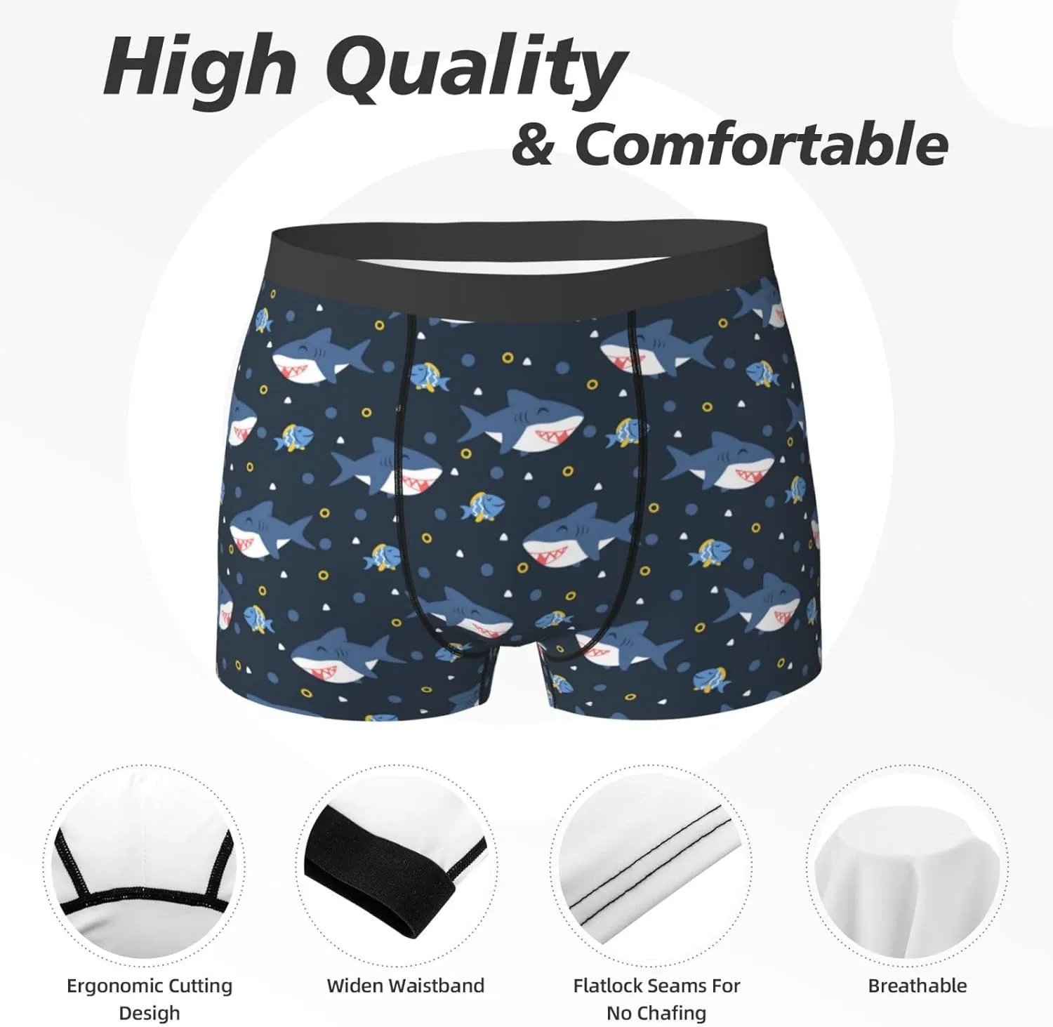 Cartoon Happy Cute Shark Mens Underwear Boxer Briefs, Comfort Breathable Boxers For Men Regular