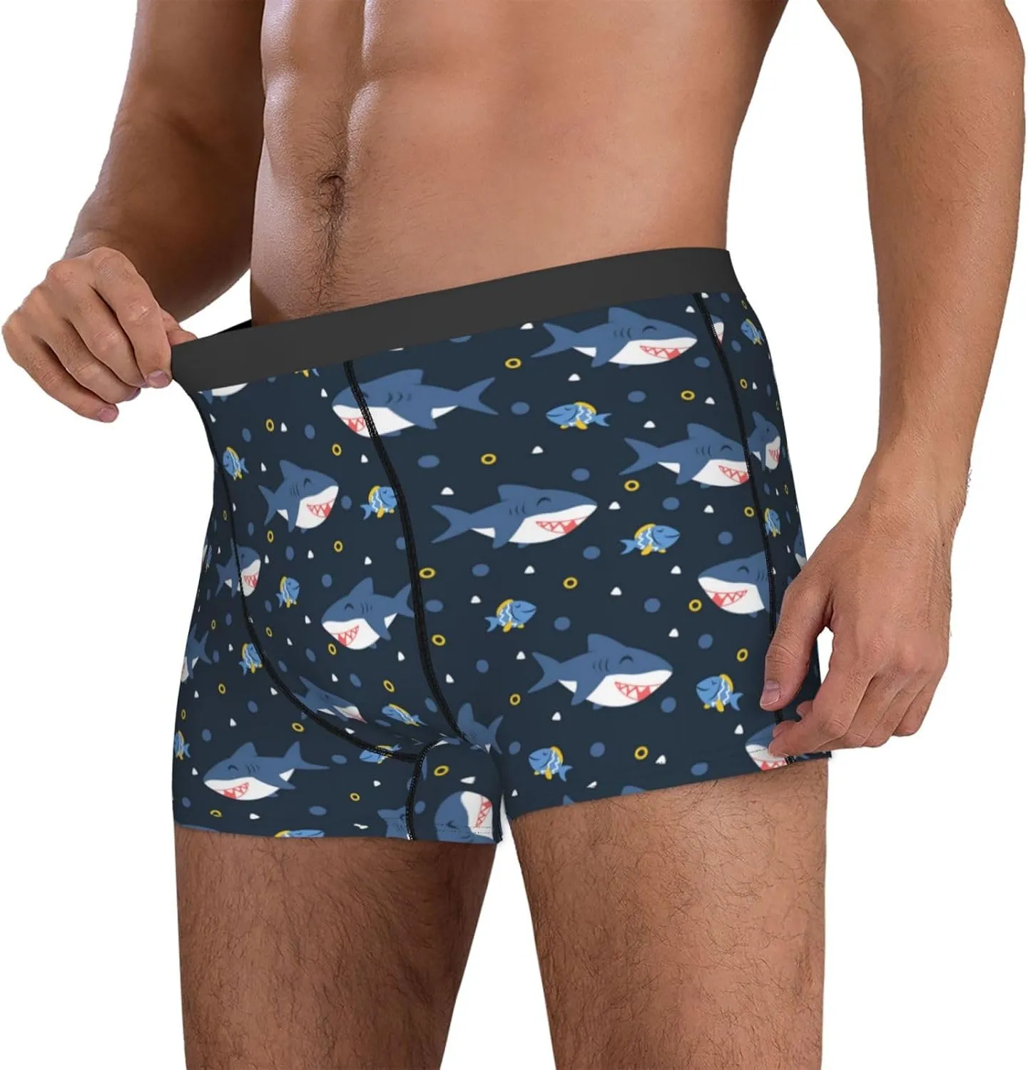Cartoon Happy Cute Shark Mens Underwear Boxer Briefs, Comfort Breathable Boxers For Men Regular