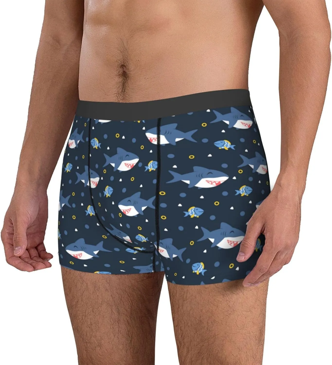 Cartoon Happy Cute Shark Mens Underwear Boxer Briefs, Comfort Breathable Boxers For Men Regular
