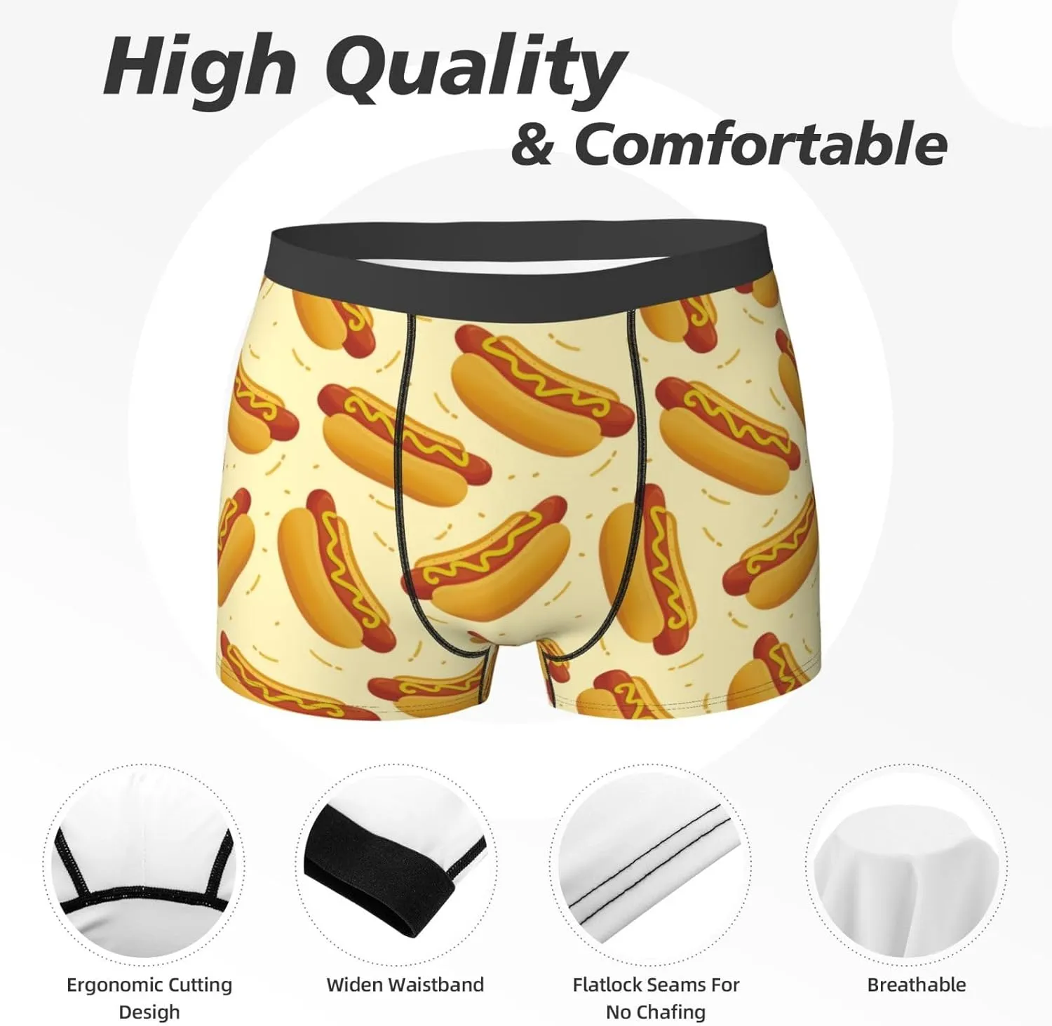 Cartoon Hot Dog Print Mens Underwear Boxer Briefs, Comfort Breathable Boxers For Men Regular