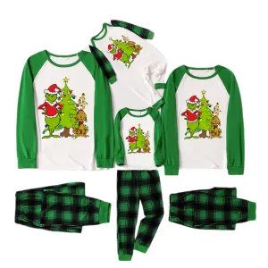 Cartoon Pattern and Christmad Tree Printed Green Plaid Long Sleeve Christmas Family Pajamas
