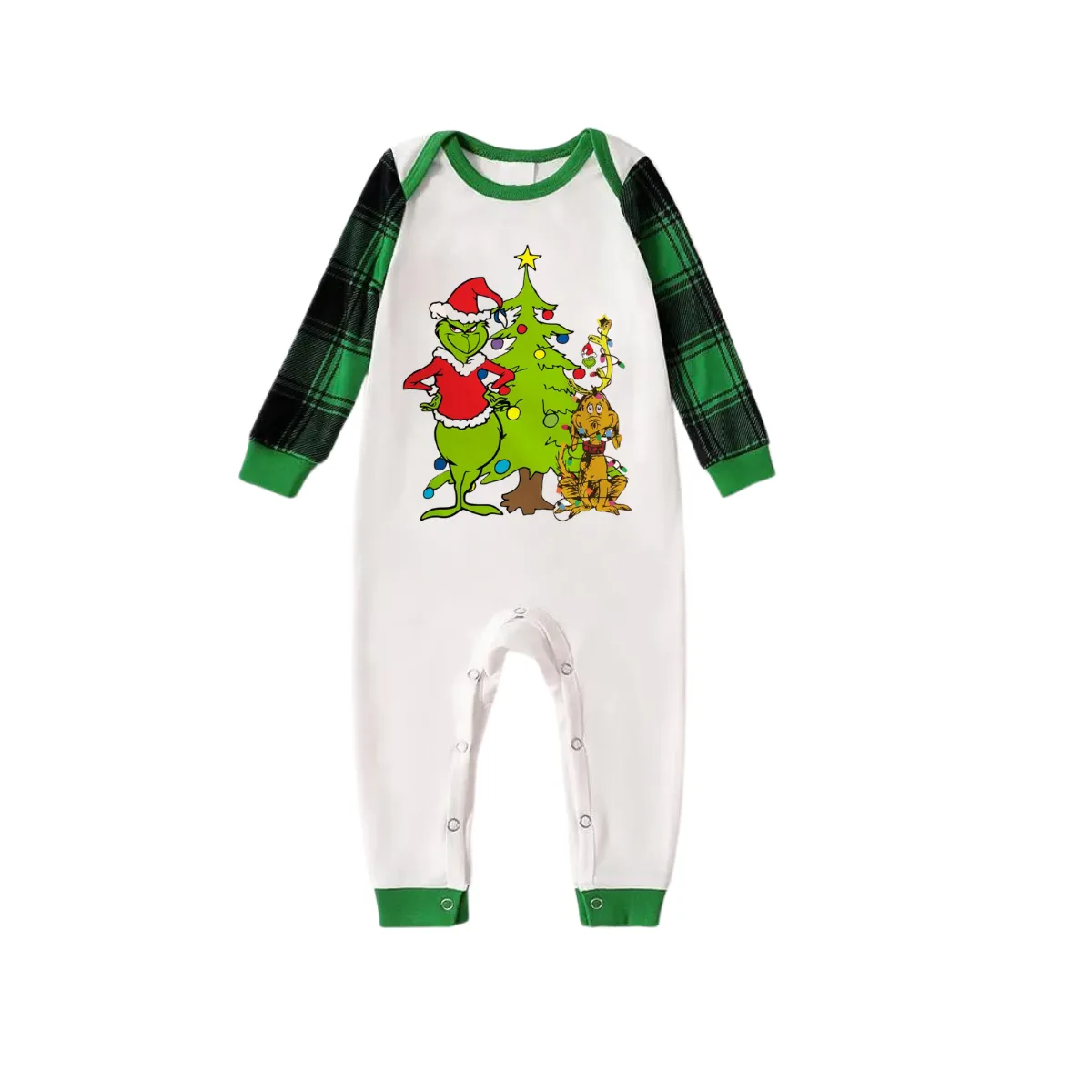 Cartoon Pattern and Christmad Tree Printed Green Plaid Long Sleeve Christmas Family Pajamas