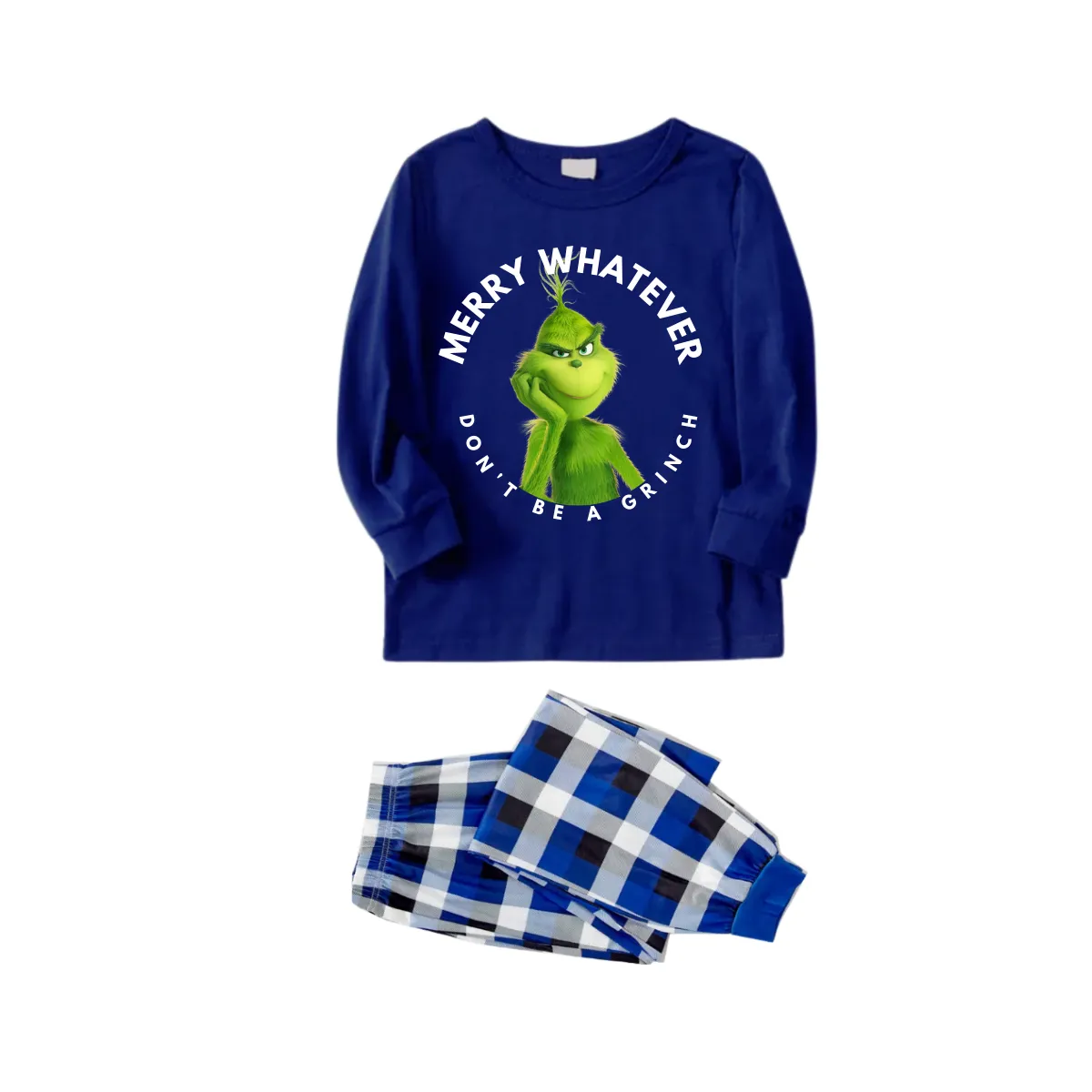 Cartoon Pattern and Funny Slogan Printed Blue and White Plaid Family Matching Pajamas