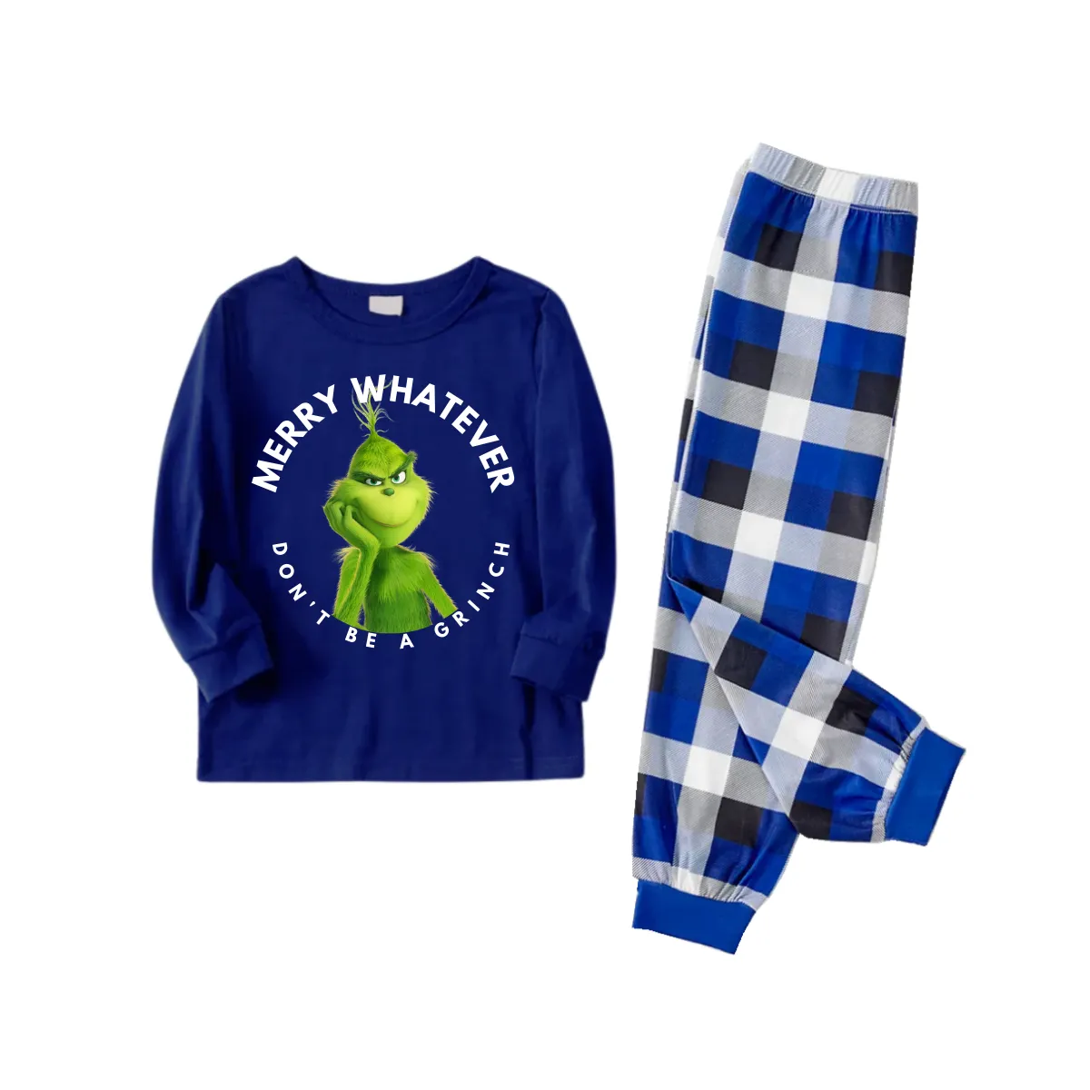 Cartoon Pattern and Funny Slogan Printed Blue and White Plaid Family Matching Pajamas