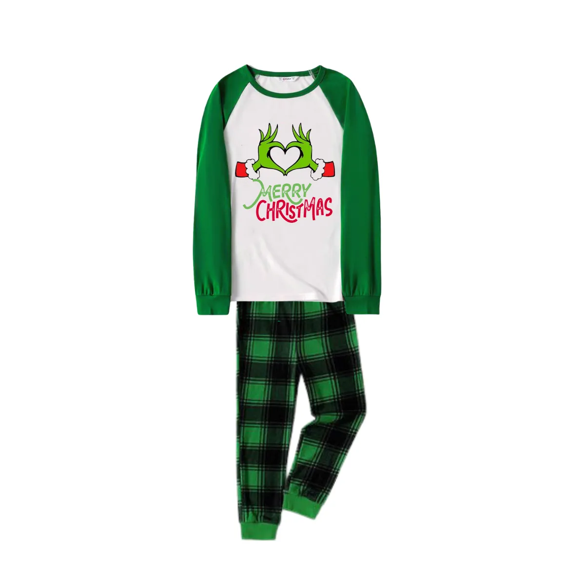 Cartoon Pattern and Merry Christmas Text Print Long Sleeve Top With Green & Black Plaid Family Matching Pajamas
