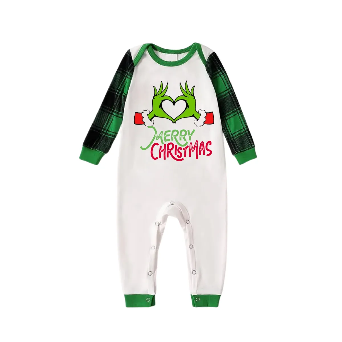 Cartoon Pattern and Merry Christmas Text Print Long Sleeve Top With Green & Black Plaid Family Matching Pajamas