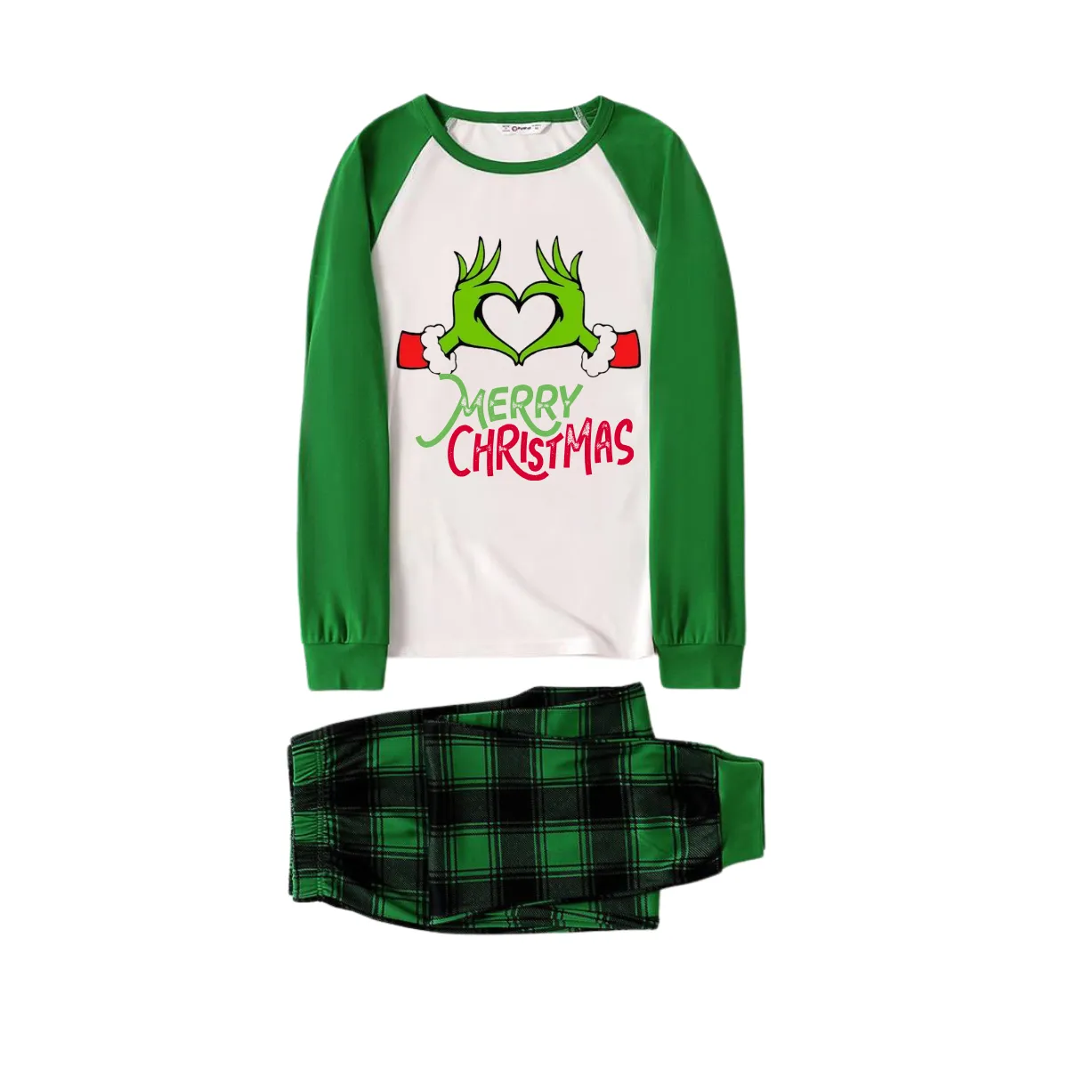 Cartoon Pattern and Merry Christmas Text Print Long Sleeve Top With Green & Black Plaid Family Matching Pajamas