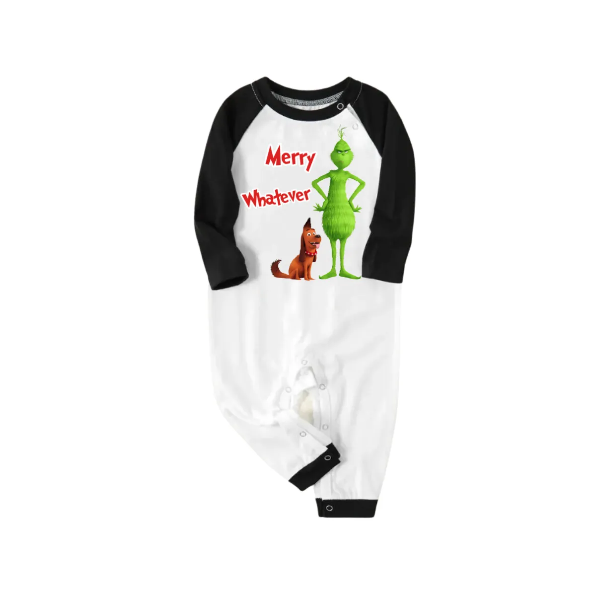 Cartoon Pattern and "Merry Whatever" Printed Green and Black Plaid Christmas Family Pajamas